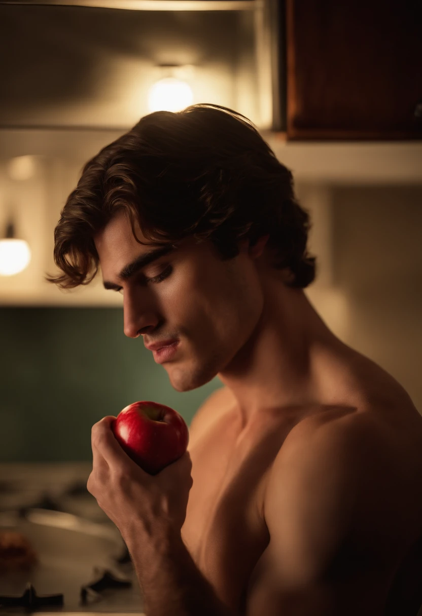 Jacob Elordi, euphoria, kissing booth, apple in mouth, biting down on an apple, shirtless, nsfw, bdsm, cannibal, kitchen, hot, abs, chest, gay, sexy, oven