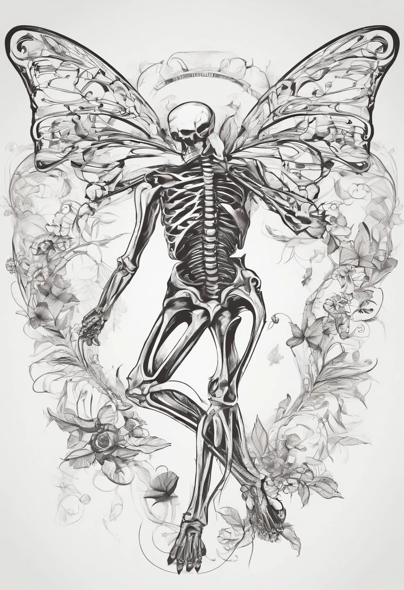 simple sketch of two male skeletons embracing each other, butterflies swirling around them