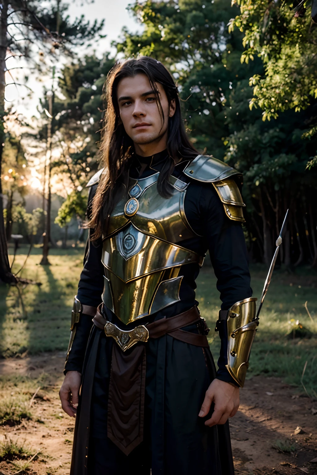Certamente, here is a prompt to generate an image of Ealdor in front of a grove at sunset, maintaining the same quality as the previous descriptions and highlighting his youth:

"Generate a highly realistic and cinematic image of Ealdor, o jovem ferreiro de aproximadamente 25 anos, Standing in front of a grove at sunset. The scene is illuminated by the golden and soft twilight, Creating a magical atmosphere.

Ealdor wears impeccable travel armor, com cada detalhe, from the fasteners and straps to the engraved patterns, clearly visible. Seu cabelo escuro cai de forma desalinhada sobre sua testa suada, capturando os tons quentes do sol poente.

Her youthful face is lit up with an expression of determination and a resolute gaze. Your eyes shine with a light of their own, reflecting the beauty and mystery of the grove that stretches out before him.

The sword that Ealdor holds is a true work of art, With the blade shining in the sunset light, highlighting every detail, From the temper marks to the patterns of the metal.

The environment around Ealdor includes the majestic trees of the grove, with the last rays of sunlight creating elongated shadows on the ground. The lighting is soft, Bringing out the details without creating visual distortions or artifacts.

The final image should capture Ealdor's youth and the beauty of the natural scenery around him, mantendo a alta qualidade e o realismo das imagens anteriores."

I hope this prompt helps create a stunning image of Ealdor in front of the woods at sunset, destacando sua juventude e o ambiente encantador que o rodeia.