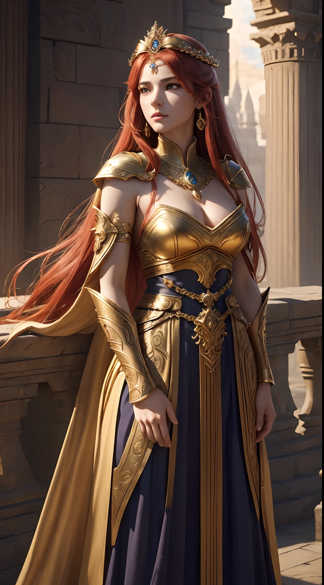 Fantasia、Babylonia、Ancient temples、Best Quality, Very high resolution, 4K Detail CG, ​master piece、aesthetics、Mysterious、Queen of Thrones、charisma、Ishtar, Goddess of War、Increase your fighting spirit、Invincible Great General、Be brave and bold、Brave、Awe-inspiring Hall々、glorias、honor、Veteran Hero、Extraordinary beauty、Guardians of Lions、refinement、noble、Proud、Wearing noble jewelry、The appearance is golden armor、tall and slender、long red hair、thirds rule、Perfect angle、(((​masterpiece)))、(((top-quality)))、((ultra-definition))、(High Definition CG Illustration)、((extremely delicate and beautiful))、Cinematic Light、）