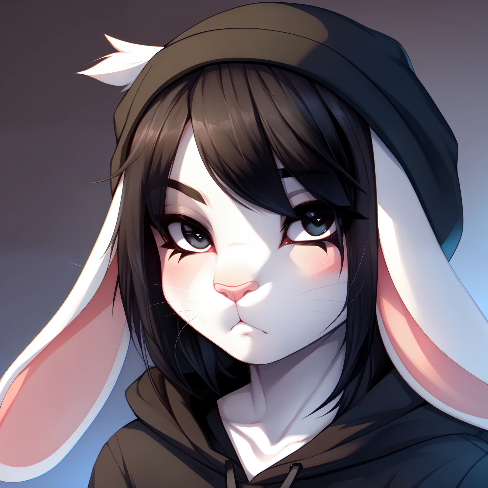 Solo:1.3, a cute anthro  white lop rabbit girl, ite body, short, black eyes, pink nose, whiskers, small breasts, long floppy ears drooping down, serious face, medium black hair, emo hair, hair covering her face, hair over one eye, black eyeliner, black make up, black beanie, black hoodie, by fumiko, by hyattlen, by claweddrip, close up, portrait