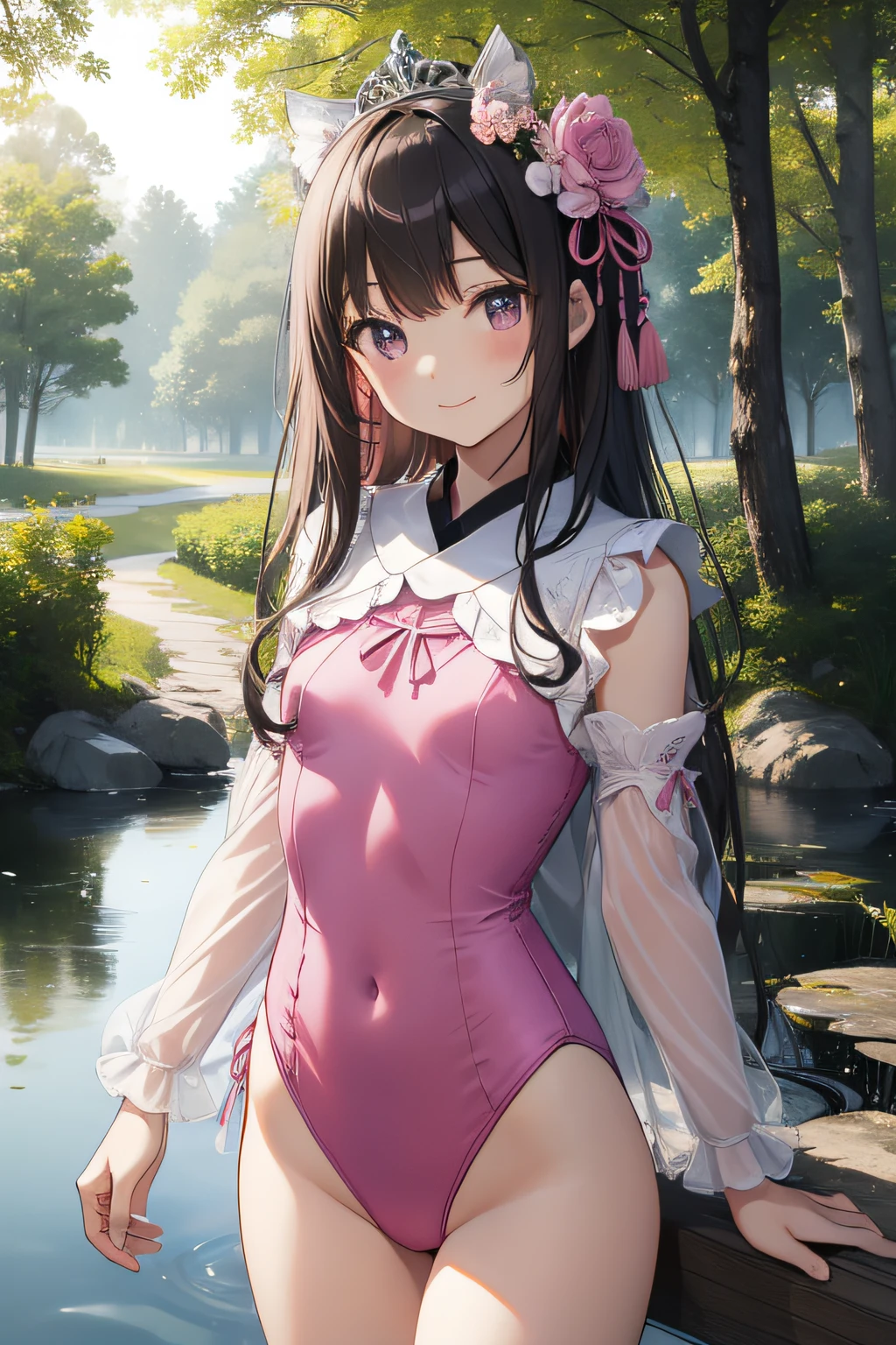 top-quality、extremely delicate and beautiful、Soio、Soio、8-year-old 、japanes、Lori、Chiquita、elementary student、A dark-haired、((Pink leotard))、(highleg)、Tiara on the head、A smile、is standing、Facing the front、Pond in the background、the woods、cherry trees