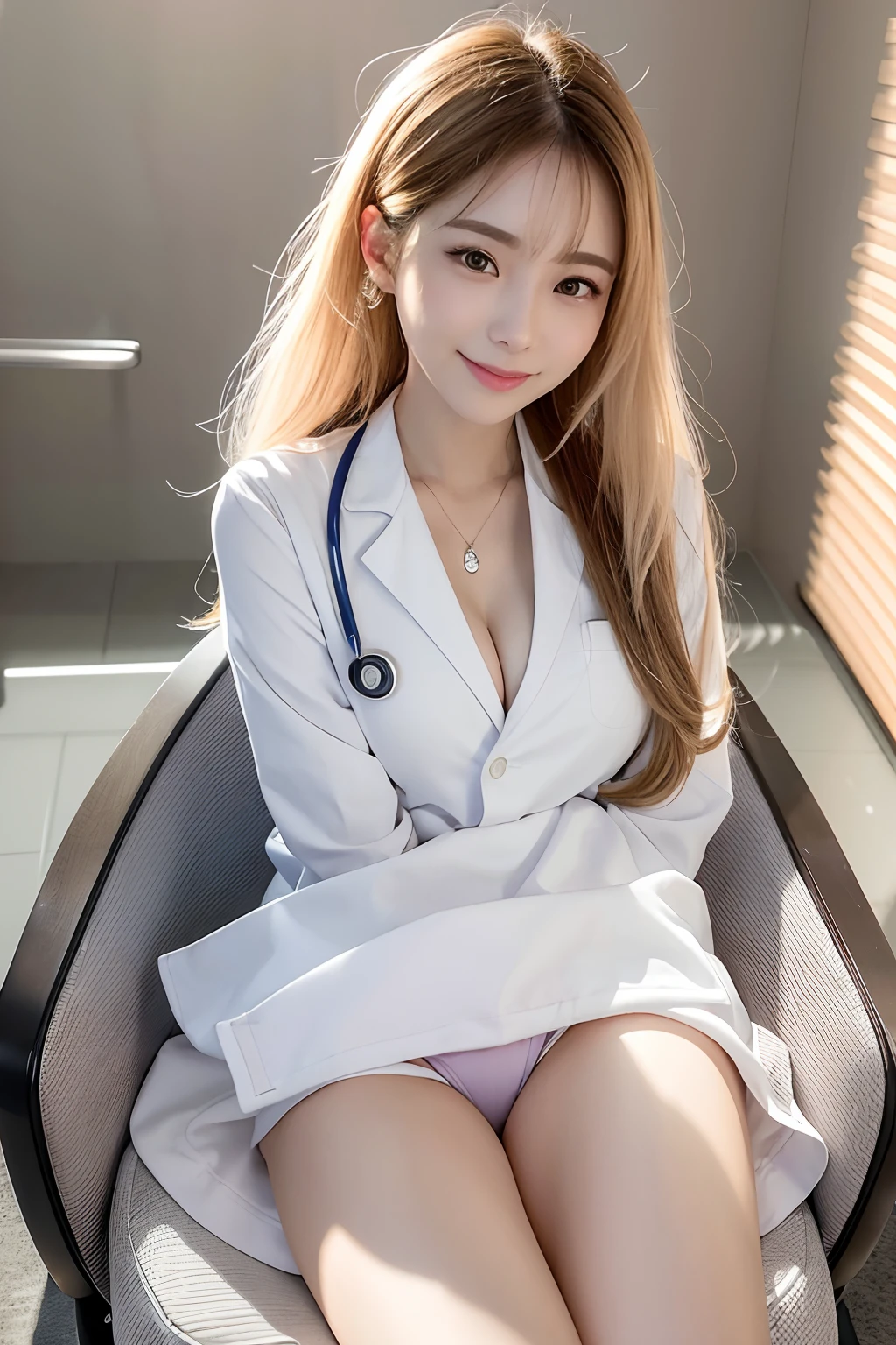 Female doctor in white coat（nurse）、１Man Woman、(Smile Face:1.1)、Slim Face、The most beautiful women in the world、hyperdetailed face、Detailed eye、二重まぶた、Kamimei、perfect teeth、Perfect tooth alignment、(glistning skin)、(sun-kissed skin)、(real looking skin)、Blurred background、full body Esbian、frontage、Slim Face、Brightly colored clothing、Sit in a chair in the exam room、Wear a stethoscope、From  above、a miniskirt、beautiful hairl、I can see the cleavage、Full Body Pose、(pureerosface_v1:0.8)、a small face、ssmile、A sexy、hide one's hands,spreading legs、