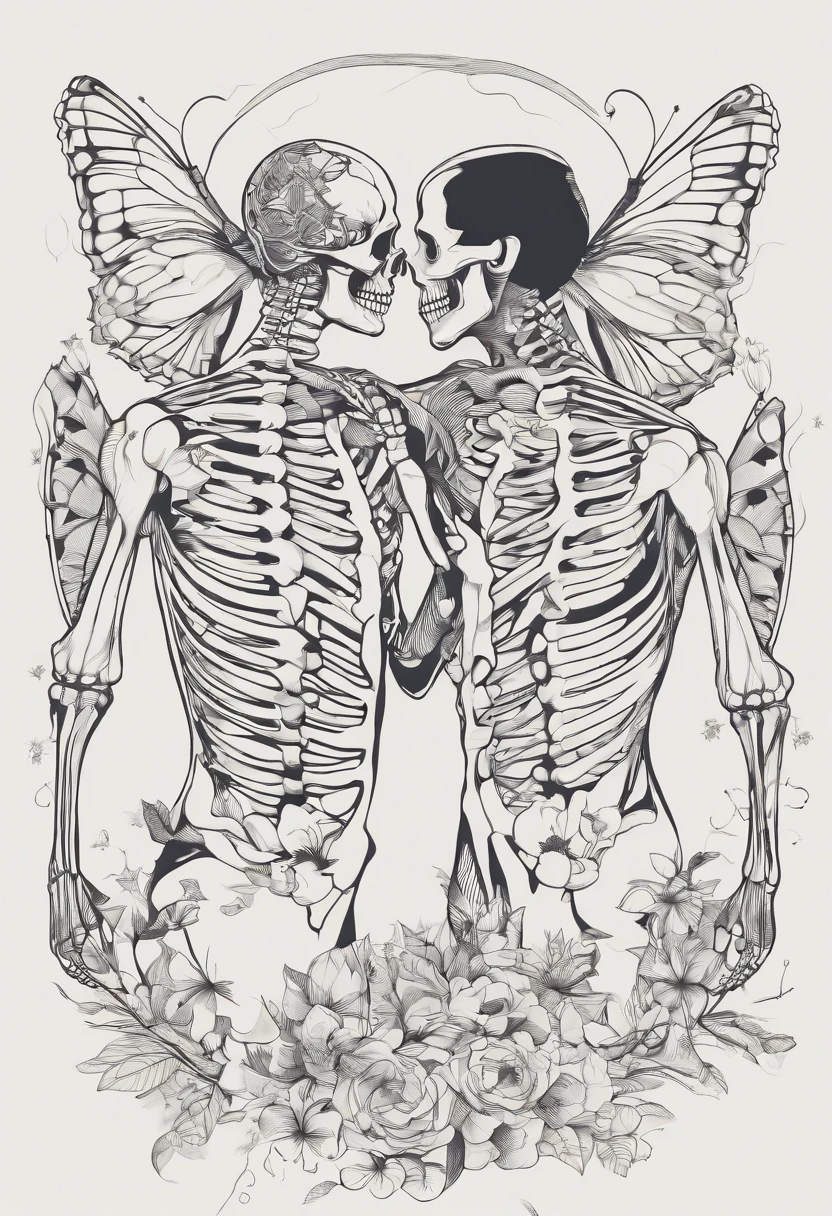 simple sketch of two male skeletons embracing each other, butterflies swirling around them