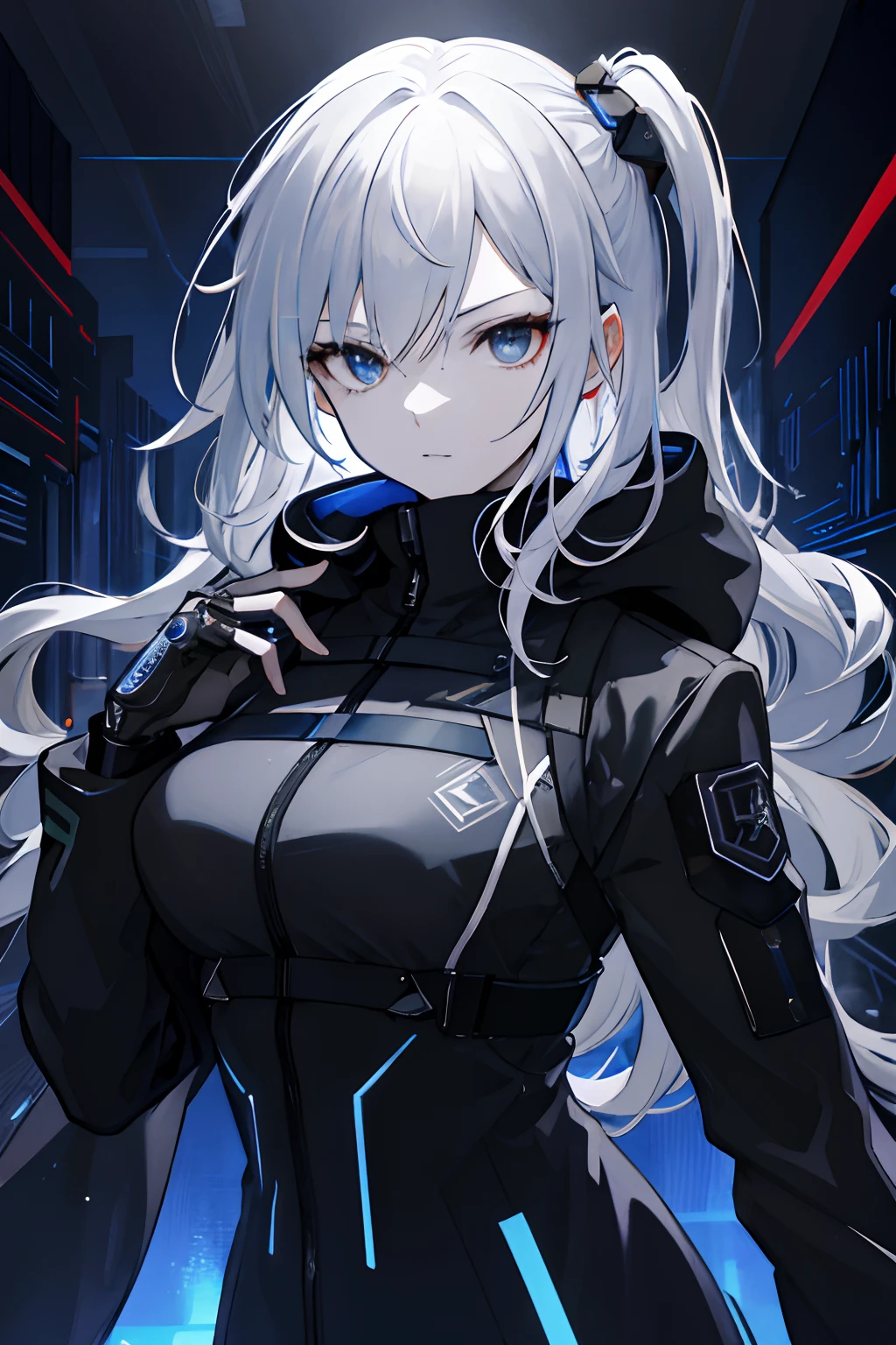 (absurdres, highres, ultra detailed), 1woman, mature female, aged up, wavy long hair, white hair, black eyes, bangs, long sleeves, finely detailed eyes and detailed face, extremely detailed CG unity 8k wallpaper, intricate details, portrait, looking at viewer, solo, (full body:0.6), detailed background, detailed face, (matrix theme:1.1) evil high-tech futuristic hacker,  advanced technology, hoodie, techwear, wearable device, keycard, cables, head-up display, blue (holographic display:1.05), access granted,   cybersecurity, server room in background, orange lights,  dark sinister atmosphere, , portrait, wind swirling