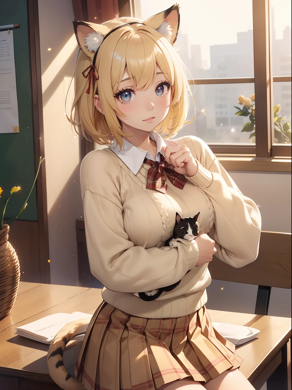 masutepiece, High resolution, 8K, anime woman, Delicate and detailed writing 、Detailed digital illustration、Short hair、perm、Shiny hair、Bangs、a very beautiful woman、Eyes are double, Large, Bust is D cup、High image quality, High quality、Detailed background、The inside of the eye shines like a diamond、Light yellow hair、Gradient pupil、(((2 arms、4 fingers, 1 thumb)))、Detailed female face、Very beautiful and cute woman、、细致背景、​masterpiece、Soft Focus , Bright gradient watercolor , Lens Flare , (((Glitter))) , Glow , Dreamy , Yellow Ribbon、Very beautiful yellow rose hair accessories、、(School Uniforms:1.2), (wearing a beige knitted sweater over a white shirt,,,,:1.3), (Plaid pleated skirt:1.3),(((1girl in,1cat))),(((Cat's ears、Sexy Cat Costumes))),(((Holding a cat)))