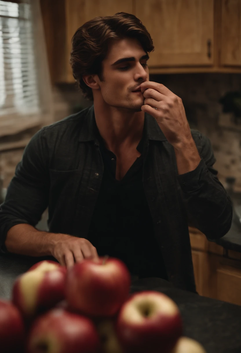 Jacob Elordi, euphoria, kissing booth, apple in mouth, apple in teeth, biting down on an apple, shirtless, nsfw, bdsm, cannibal, kitchen, hot, abs, chest, gay, sexy, oven, counter, hogtied, tied up