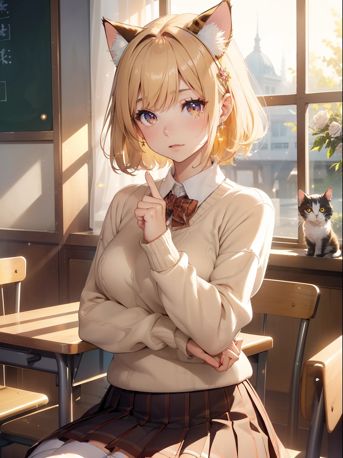 masutepiece, High resolution, 8K, anime woman, Delicate and detailed writing 、Detailed digital illustration、Short hair、perm、Shiny hair、Bangs、a very beautiful woman、Eyes are double, Large, Bust is D cup、High image quality, High quality、Detailed background、The inside of the eye shines like a diamond、Light yellow hair、Gradient pupil、(((2 arms、4 fingers, 1 thumb)))、Detailed female face、Very beautiful and cute woman、、细致背景、masterpiece、Soft Focus , Bright gradient watercolor , Lens Flare , (((Glitter))) , Glow , Dreamy , Yellow Ribbon、Very beautiful yellow rose hair accessories、、(School Uniforms:1.2), (wearing a beige knitted sweater over a white shirt,,,,:1.3), (Plaid pleated skirt:1.3),(((1girl in,1cat))),(((Cat's ears、Sexy Cat Costumes))),(((Holding a cat)))