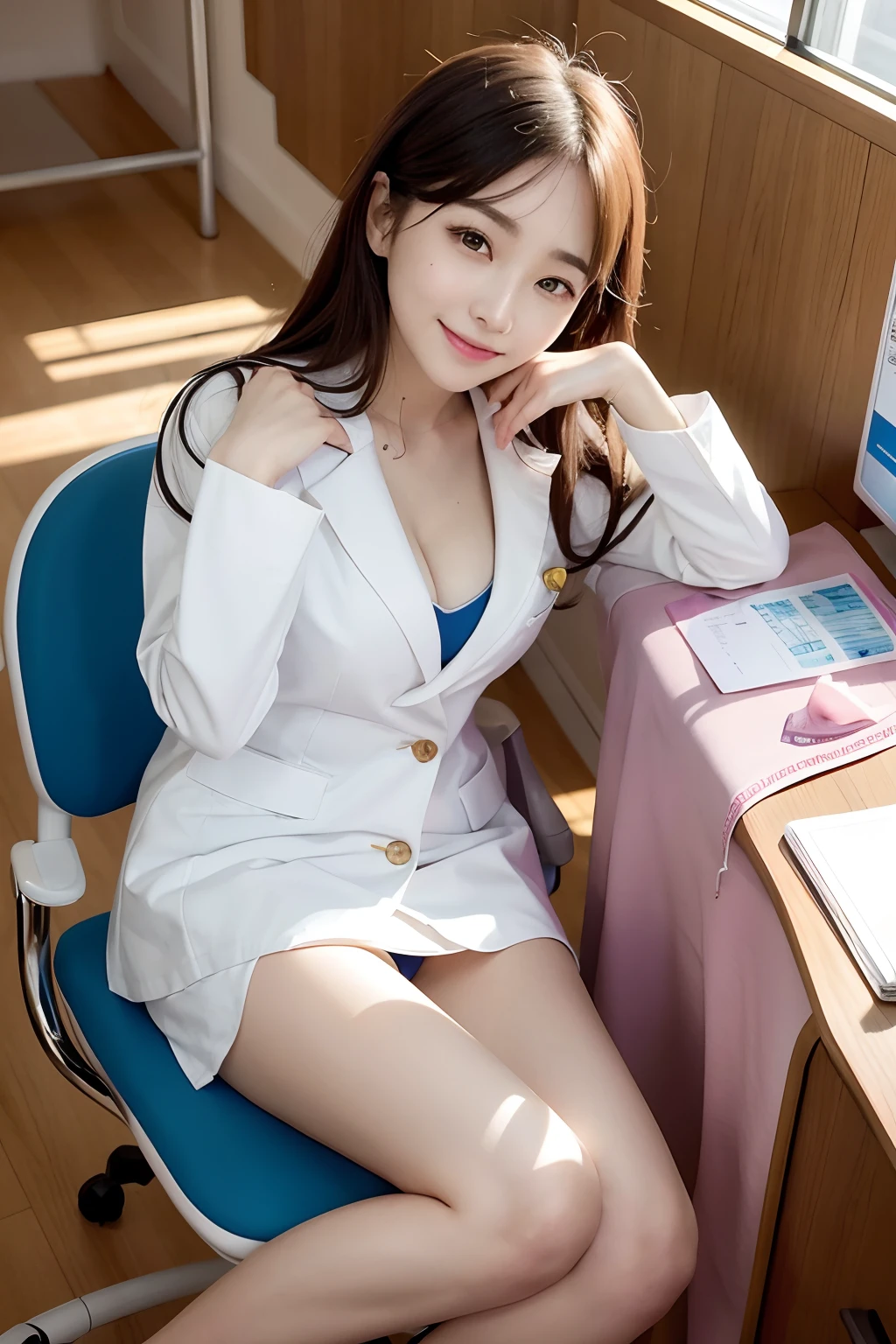 Female doctor in white coat(Nurse)、1Man Woman、(Smile Face:1.1)、Slim Face、The most beautiful women in the world、hyperdetailed face、Detailed eye、二重まぶた、Kamimei、perfect teeth、Perfect tooth alignment、(glistning skin)、(sun-kissed skin)、(real looking skin)、Blurred background、full body Esbian、frontage、Slim Face、Brightly colored clothing、Sit in a chair in the exam room、Wear a stethoscope、From above、a miniskirt、beautiful hairl、I can see the cleavage、Full Body Pose、(pureerosface_v1:0.8)、a small face、ssmile、A sexy、hide one's hands,spreading legs、