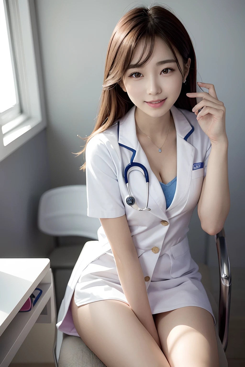 Female doctor in white coat（Nurse）、１Man Woman、(Smile Face:1.1)、Slim Face、The most beautiful women in the world、hyperdetailed face、Detailed eye、二重まぶた、Kamimei、perfect teeth、Perfect tooth alignment、(glistning skin)、(sun-kissed skin)、(real looking skin)、Blurred background、full body Esbian、frontage、Slim Face、Brightly colored clothing、Sit in a chair in the exam room、Wear a stethoscope、From  above、a miniskirt、beautiful hairl、I can see the cleavage、Full Body Pose、(pureerosface_v1:0.8)、a small face、ssmile、A sexy、hide one's hands,spreading legs、