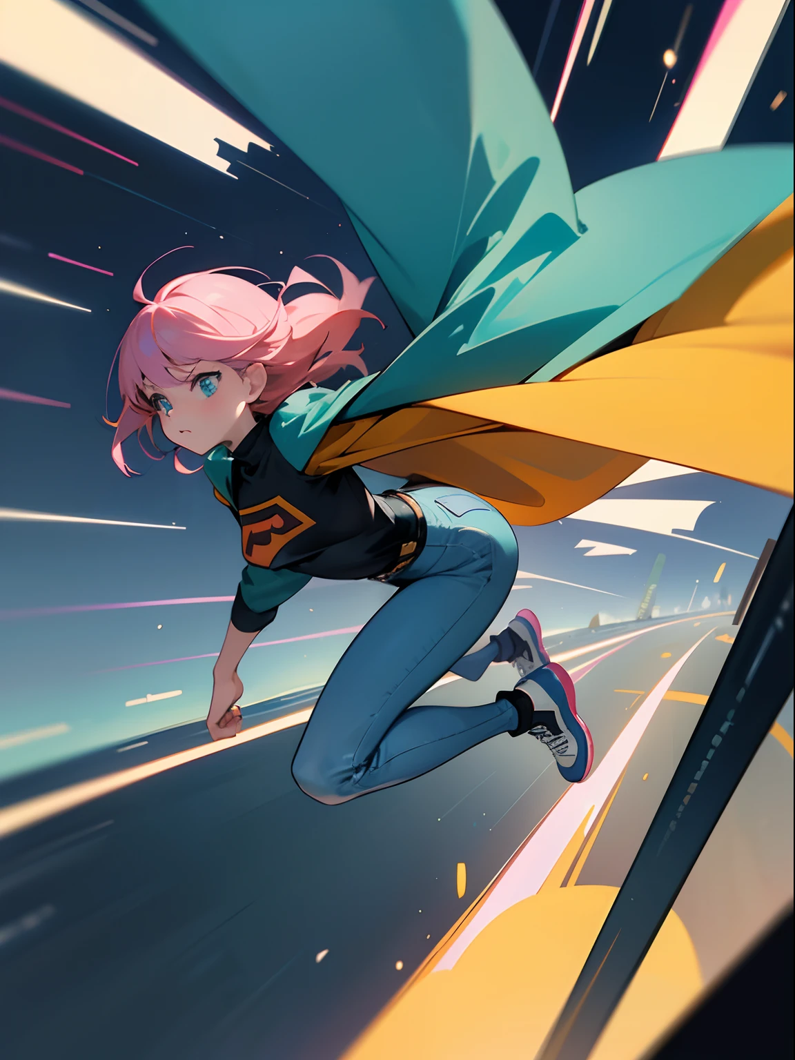 (Title: “The Clumsy Superheroine” Panel 1: Superheroine, called “Disastroilda”, flying through the night sky, crashes into a pole, causing an explosion and leaving the street completely dark. light blue clothing, easy expression of fright) green and pink hair cut under blue, big manga anime style eyes, apply: golden ratio main point on the eye, base model SD 1.5, flat white persona coloring, Yoshihiro Togashi profile art (screen depth) (easy expression of fright)
outfit light blue jeans, plain black t-shirt, white allstar sneakers, mustard-colored cape