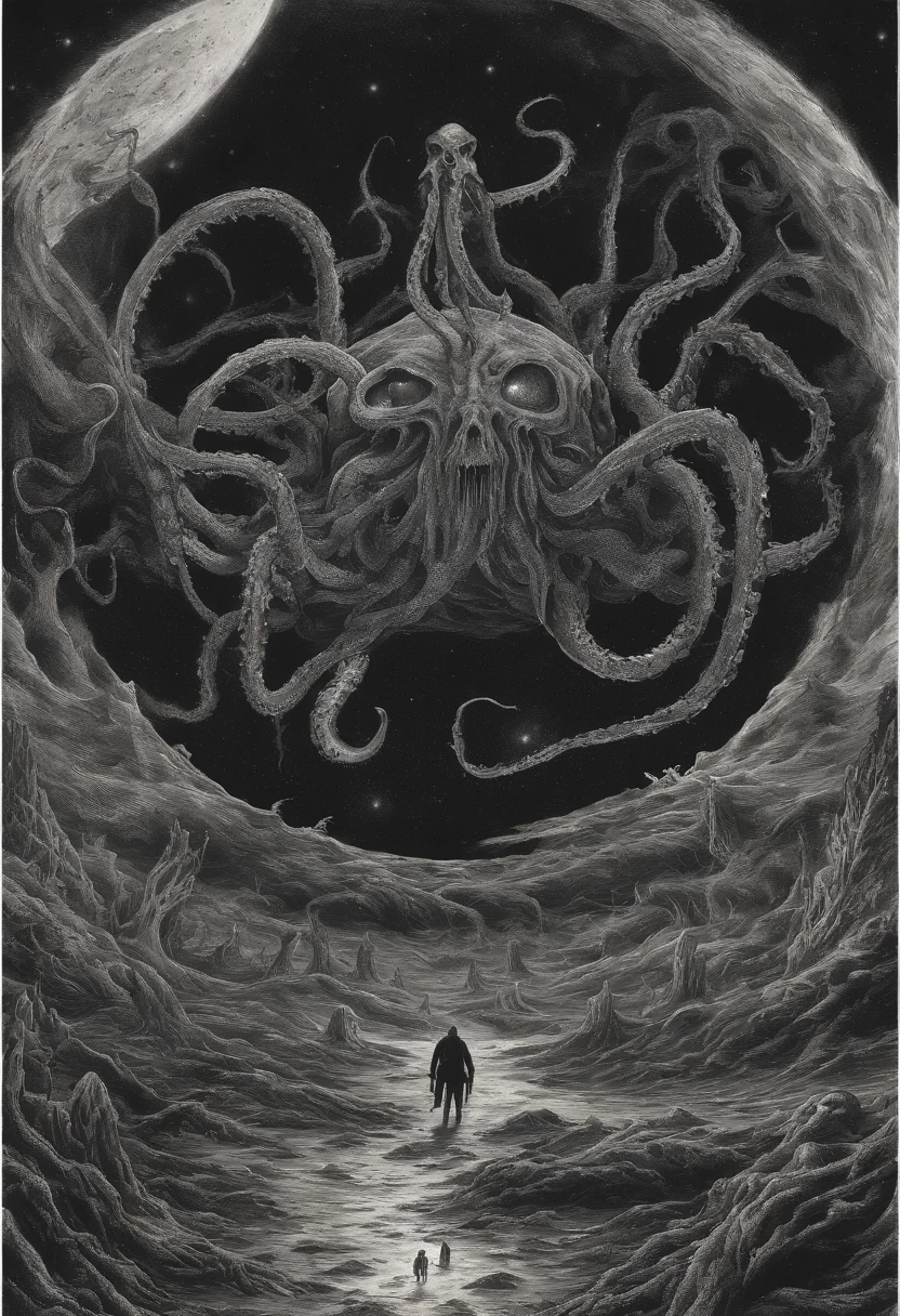 There is a planet in the middle, Tentacles of the universe, Lovecraft's inspiration, Lovecraft's Cosmic Fear, Lovecraft's Hellscape, Fantasy and space horror films, Lovecraft-inspired atmosphere, lovecraftian, Planet in open space, No people