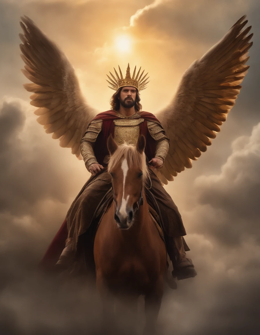 A photographic drawing capturing Jesus riding a horse with wings in the sky, with a wide view looking directly at the action. He's dressed in a blood-stained robe ((Golden crown on his head and an iron scepter in his right hand)). The focus of the image is on Jesus' action as he looks directly at me(Your eyes are red like fire). The scene takes place in heaven with angels in the background. Lighting should be intense, enfatizando a alegria do momento, with rays of sunshine breaking through the clouds to create a sense of divine presence.