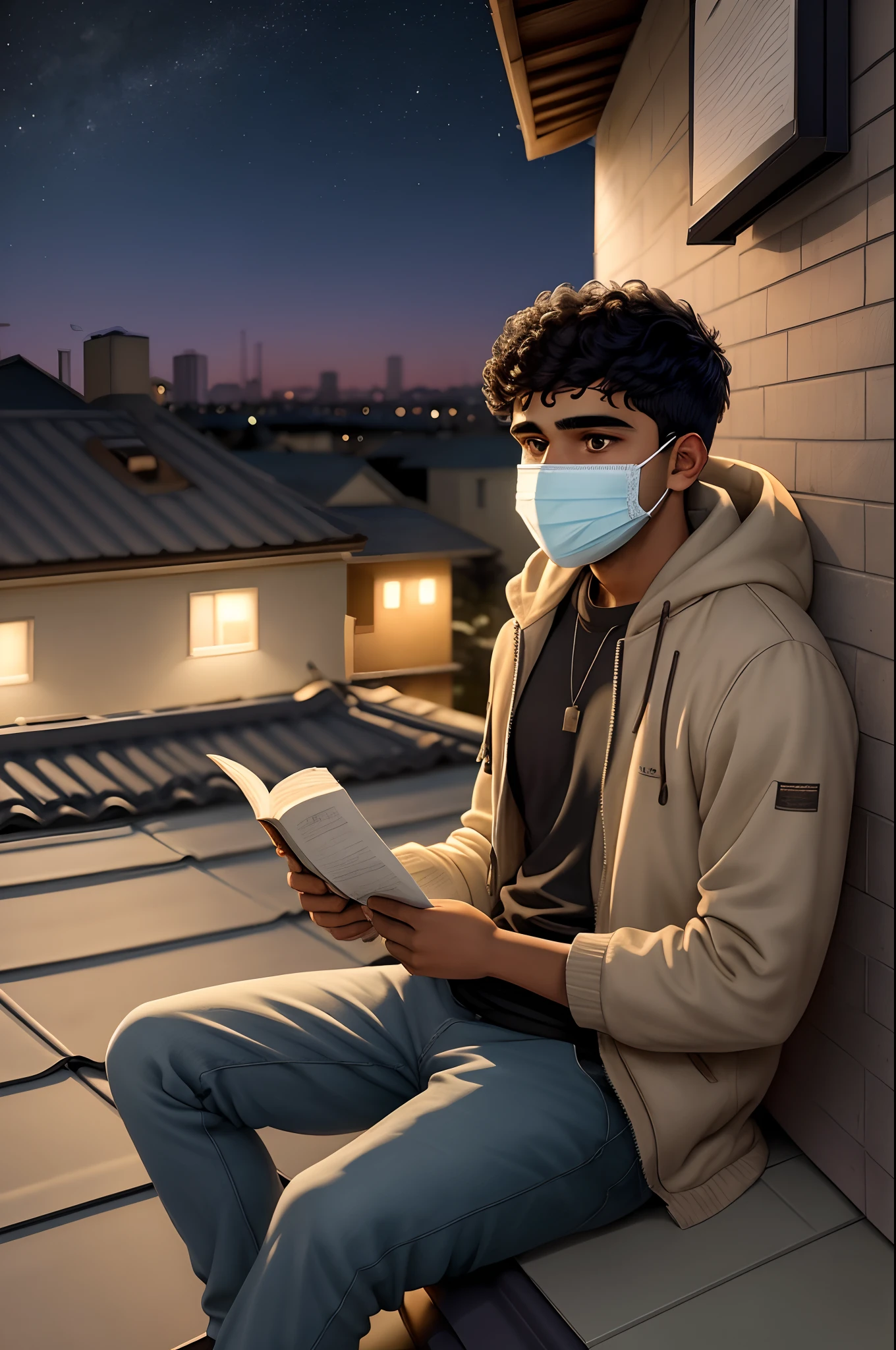 A young brown man with a paper bag covering his face on a roof at night sitting with a book in his hand