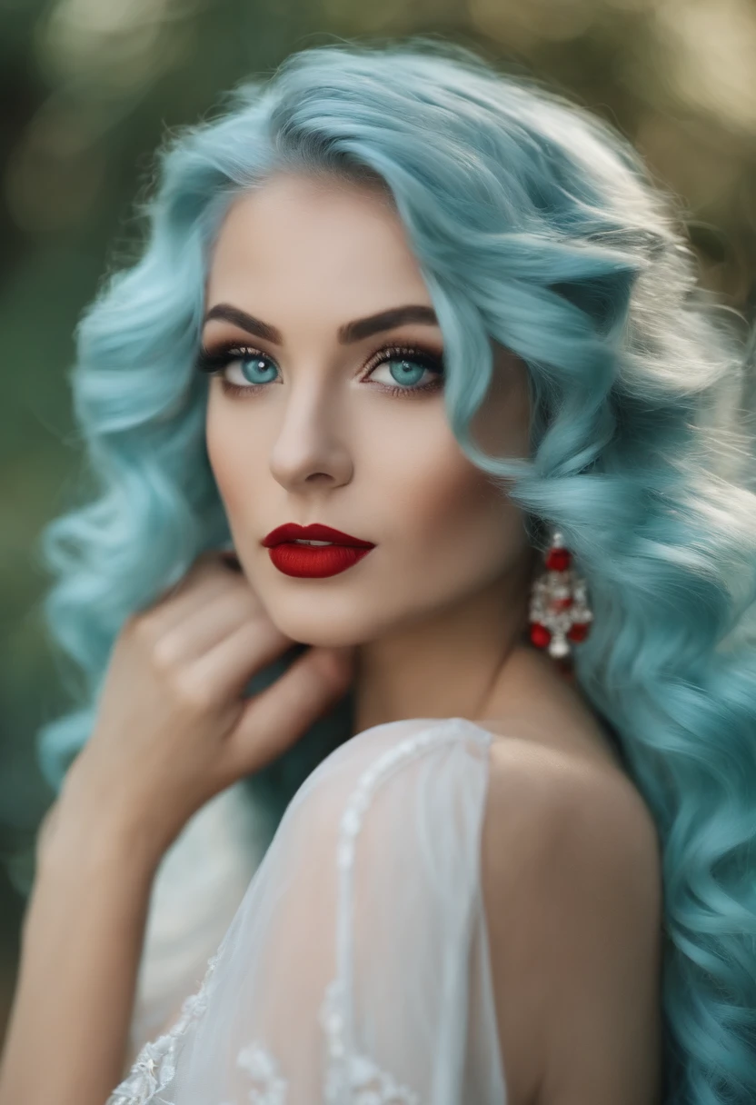 Light blue hair, turquoise eyes, long eyelashes, big red lips, apricot eyes, beauty, girly, curly hair, princess