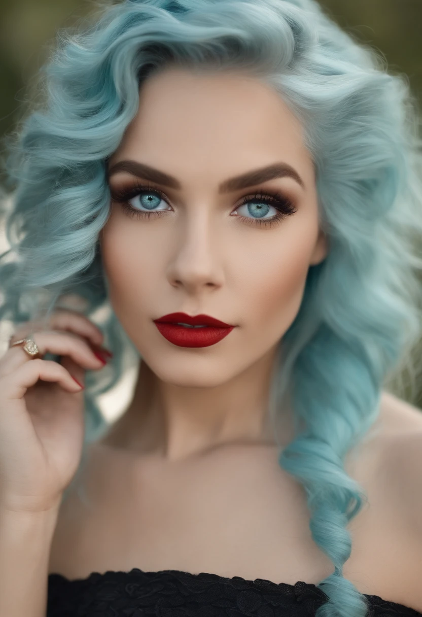 Light blue hair, turquoise eyes, long eyelashes, big red lips, apricot eyes, beauty, girly, curly hair, princess