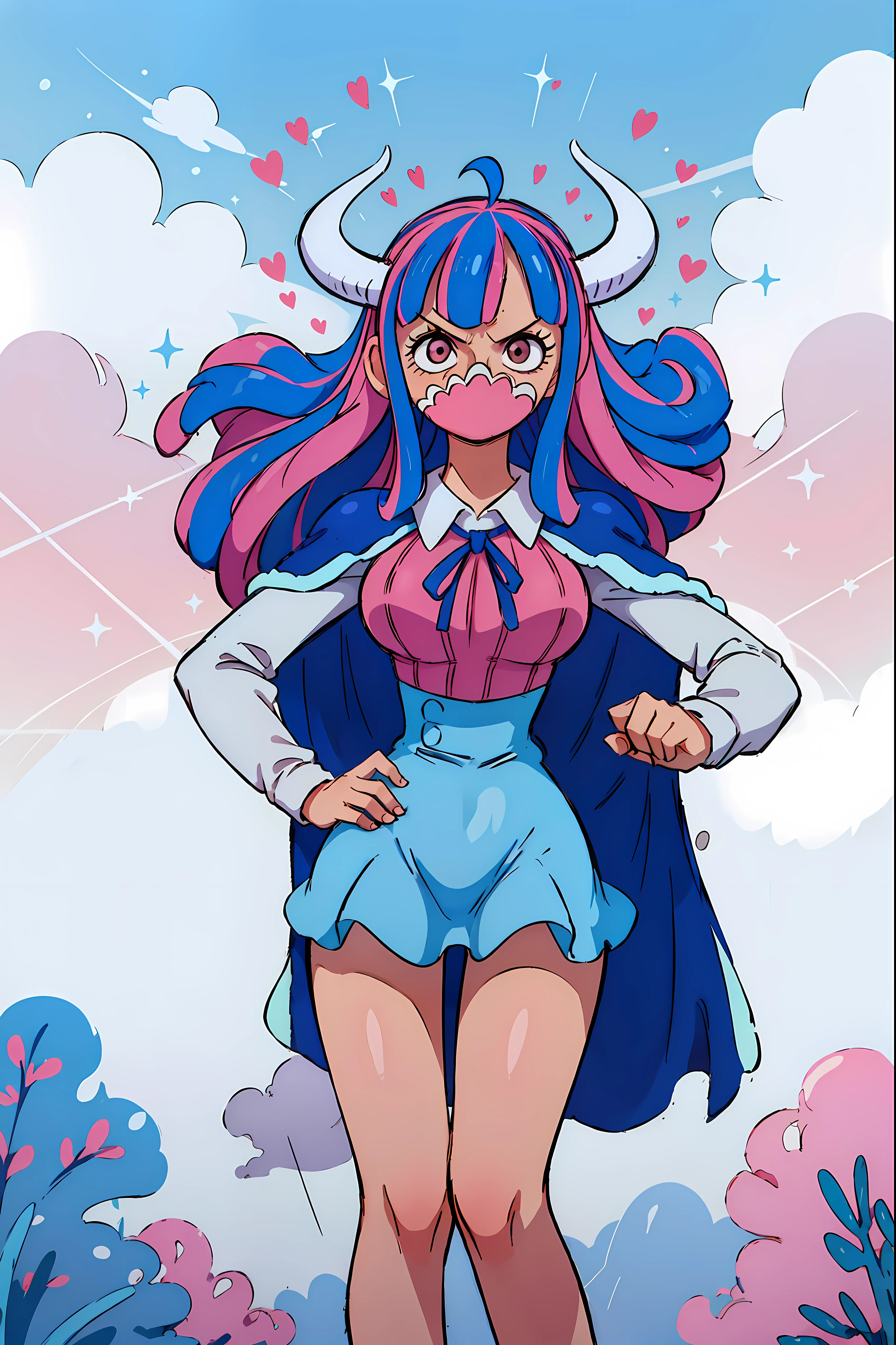 Ulti from One Piece, solo, simple background, gradient top to bottom blue to pink background, wearing a long-sleeved minidress that is white and pleated above the waist, with a blue bow below a point collar, darker-blue cape trimmed with light-blue fur on its edges, and red high heels, masterpiece, best quality, highly detailed.