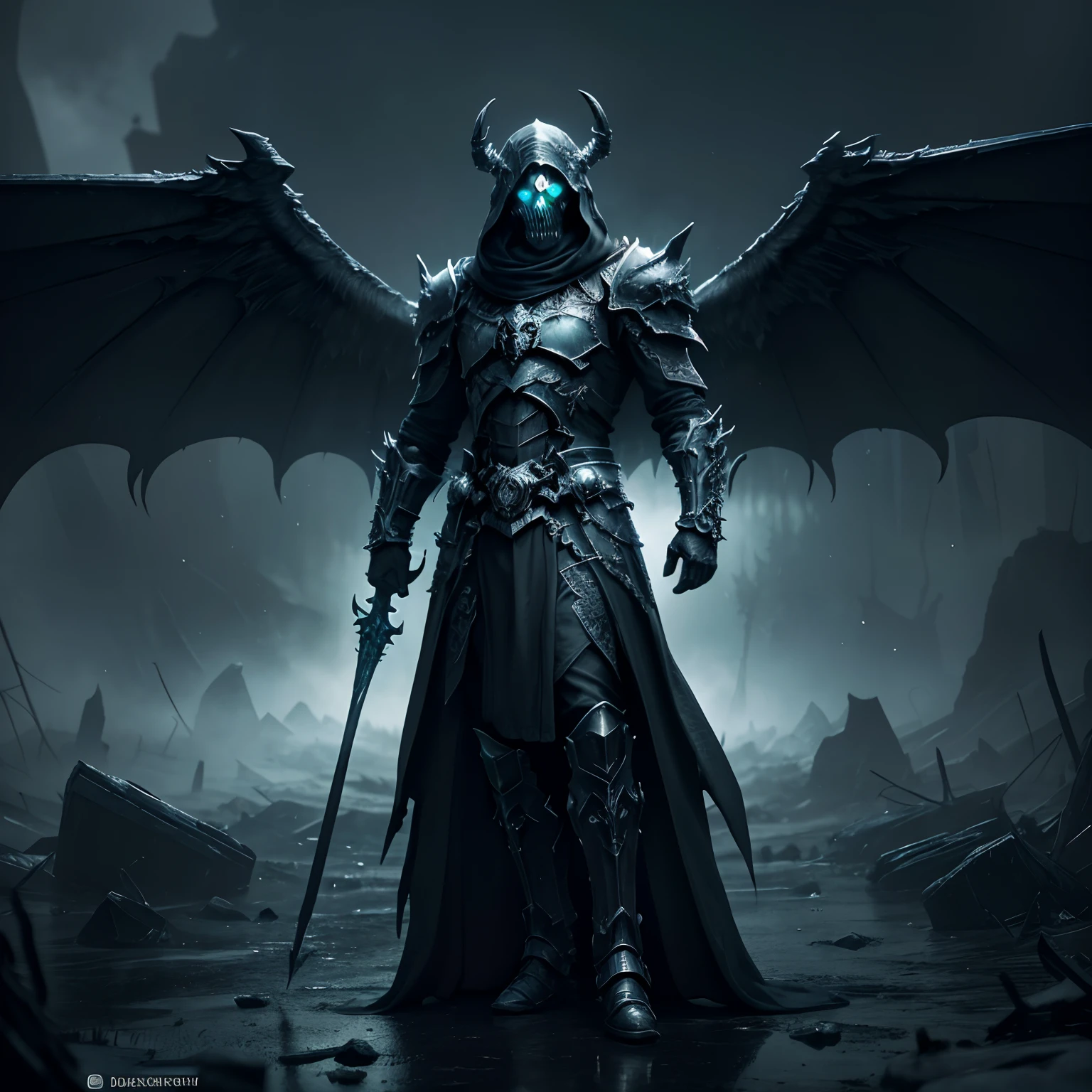 Full body shot, epic lich king the necromancer. wings composed of a black miasma gas and particles, hyper-detailed skull face with sharp teeth and shabby robes, beautifully drawn green flames eyes, mysticism, hyperrealism, fantasy, beautiful, professional photo, 132k, 1/350s, f/3.8, ISO/100, high resolution, high detail, 40mm lens, aesthetically pleasing, correct angle. gloomy dark sky background.octane 3d render. unreal engine.