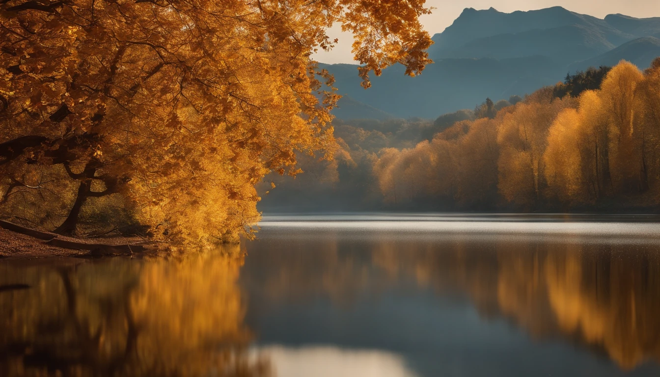 Color photo of Qiu Haikai, Depicting the world in shades of orange and yellow The trees burn with vibrant hues, The leaves dance like a twinkling flame in the sun Ginkgo trees are cloaked in gold, Each leaf sparkles like a precious gem in a kaleidoscope of fallen leaves, Intertwined in a red tapestry, Yellow, and brown tranquil lakeside, The rippling water reflects the color of the sky and the mist-shrouded mountains in the distance, Like an ethereal ink painting of golden reeds at the water's edge, Harmony with the sparkling lake, Stars twinkle in the night sky, Like nature's delicate pearls, Breeze in the wind，Autumn love, Hint at the upcoming campfire cool, Soothing insect chorus accompanied by the poetic beauty of late autumn, spellbinding，Inspiring photos that capture the charm of nature, Evokes inner peace and serenity,high-level image quality，(8K, hentail realism, RAW photogr, top-quality: 1.4), Ultra-wide angle of view，Beautiful view of autumn，rivulets，The background is mountains，Ginkgo tree，golden autumn，Daytime，Sheer sunlight,Colored leaves，high qulity，super-fine，Hyper-realistic，Ultra photo realsisim，Realistic landscape，35mm camera lens，Ultra-verbose — C 10 — AR 2:3