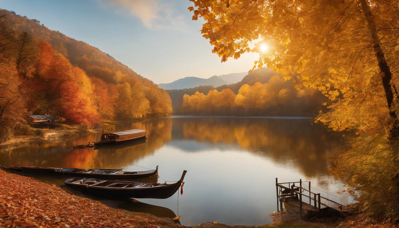 Color photo of Qiu Haikai, Depicting the world in shades of orange and yellow The trees burn with vibrant hues, The leaves dance like a twinkling flame in the sun Ginkgo trees are cloaked in gold, Each leaf sparkles like a precious gem in a kaleidoscope of fallen leaves, Intertwined in a red tapestry, Yellow, and brown tranquil lakeside, The rippling water reflects the color of the sky and the mist-shrouded mountains in the distance, Like an ethereal ink painting of golden reeds at the water's edge, Harmony with the sparkling lake, Stars twinkle in the night sky, Like nature's delicate pearls, Breeze in the wind，Autumn love, Hint at the upcoming campfire cool, Soothing insect chorus accompanied by the poetic beauty of late autumn, spellbinding，Inspiring photos that capture the charm of nature, Evokes inner peace and serenity,high-level image quality，(8K, hentail realism, RAW photogr, top-quality: 1.4), Ultra-wide angle of view，Beautiful view of autumn，rivulets，The background is mountains，Ginkgo tree，golden autumn，Daytime，Sheer sunlight,Colored leaves，high qulity，super-fine，Hyper-realistic，Ultra photo realsisim，Realistic landscape，35mm camera lens，Ultra-verbose — C 10 — AR 2:3