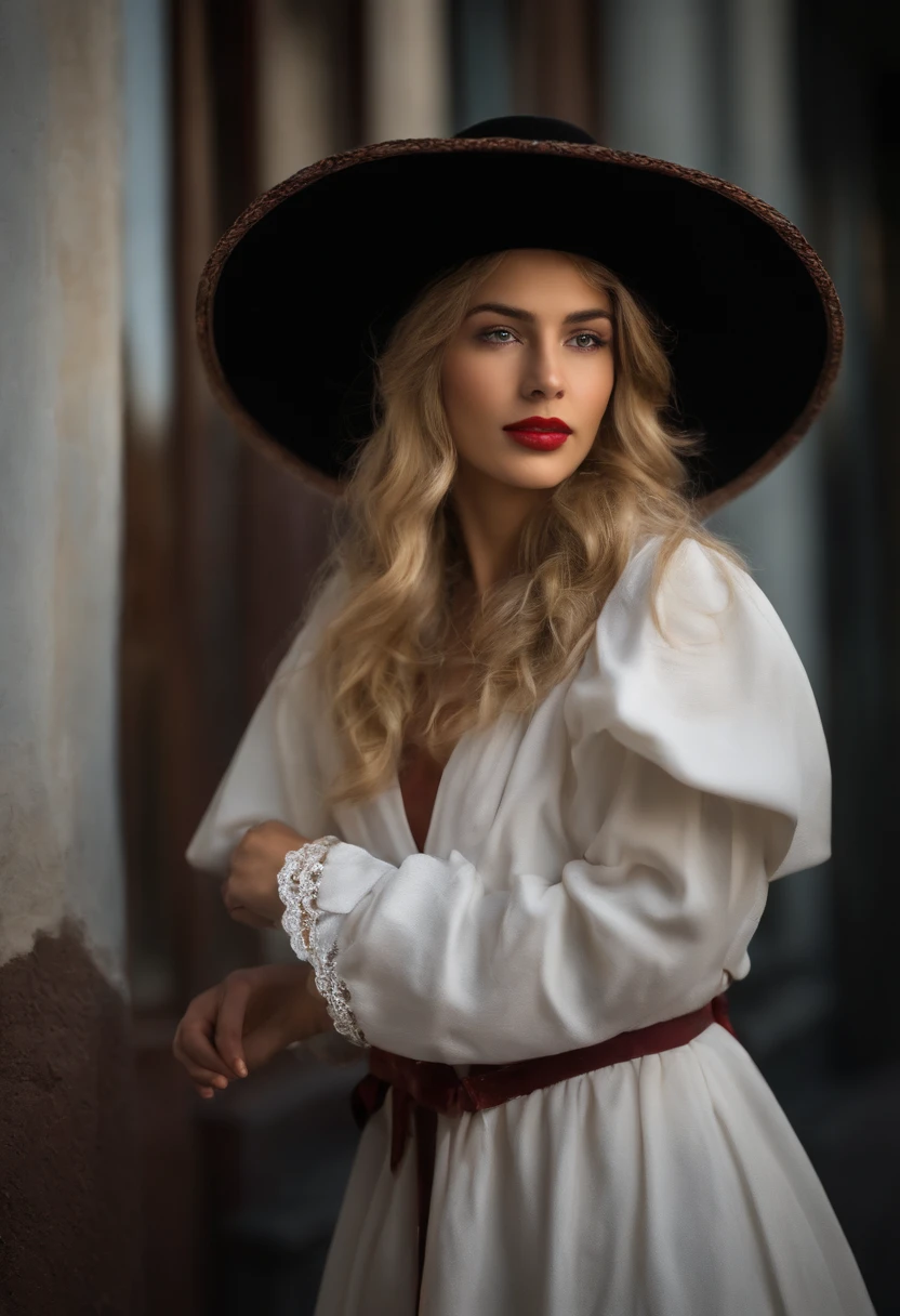 mujer blanca, 17-year-old, of German origin, rubia, de labios rojos, con mejillas ruborizadas, con hoyuelos, Full body photography, viendo al frente muy alegre y tierna, de origen europeo, with physical characteristics of Northern Europe, Dressed in a black robe, con un sombrero de bruja, photograph taken in Mexico City, realista, hiperrealista.