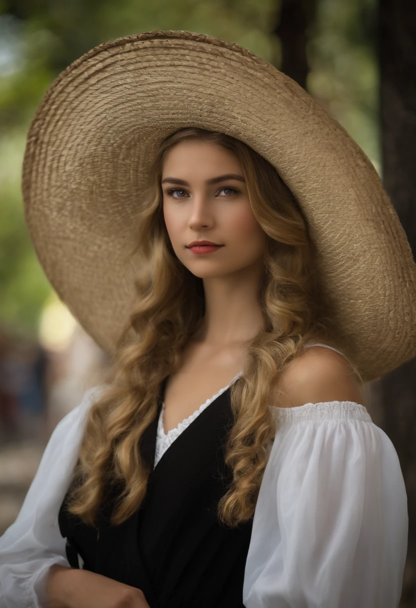 mujer blanca, 17-year-old, of German origin, rubia, de labios rojos, con mejillas ruborizadas, con hoyuelos, Full body photography, viendo al frente muy alegre y tierna, de origen europeo, with physical characteristics of Northern Europe, Dressed in a black robe, con un sombrero de bruja, photograph taken in Mexico City, realista, hiperrealista.