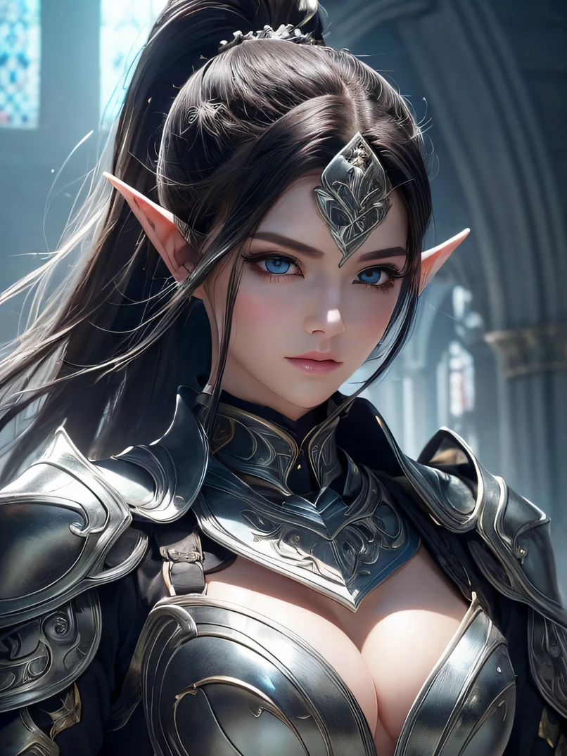 hightquality、hight resolution、masterpiece、foco nítido、lighting like a movie、Photorealistic portrait of stunningly beautiful western woman、bustshot、Stunning portrait of a beautiful woman、detailed symmetric realistic face、Highly detailed natural textures、glistning skin、Slender figure、hyperdetailed face、ultra realistic textures、Elaborate patterns that blend dramatic lighting fantasy with contemporary fashion、Mystical realm filled with magical elements、vivd colour、Dynamic lighting、Detailed background elements、Deep sense of depth、Unique lighting effects、Complex configuration techniques、Camera angles that highlight the beauty of the character and the environment、 Atmospheric Lighting Technology、Depth and mood、Intricate detail and clarity、30 year old female elf、a blond、Hairstyle Ponytail、Seductive blue eyes with bright colors and delicate shading、Sharp eyes、frown、Perfect physique、Beautiful facial features、Black cloak of flowing fabric、Knight's Black Armor、Textured Design、full armor、Church auditorium at dusk、Highly detailed facial depiction、Detailed hand depiction、Detailed chest depiction、battle posture、Dynamic action