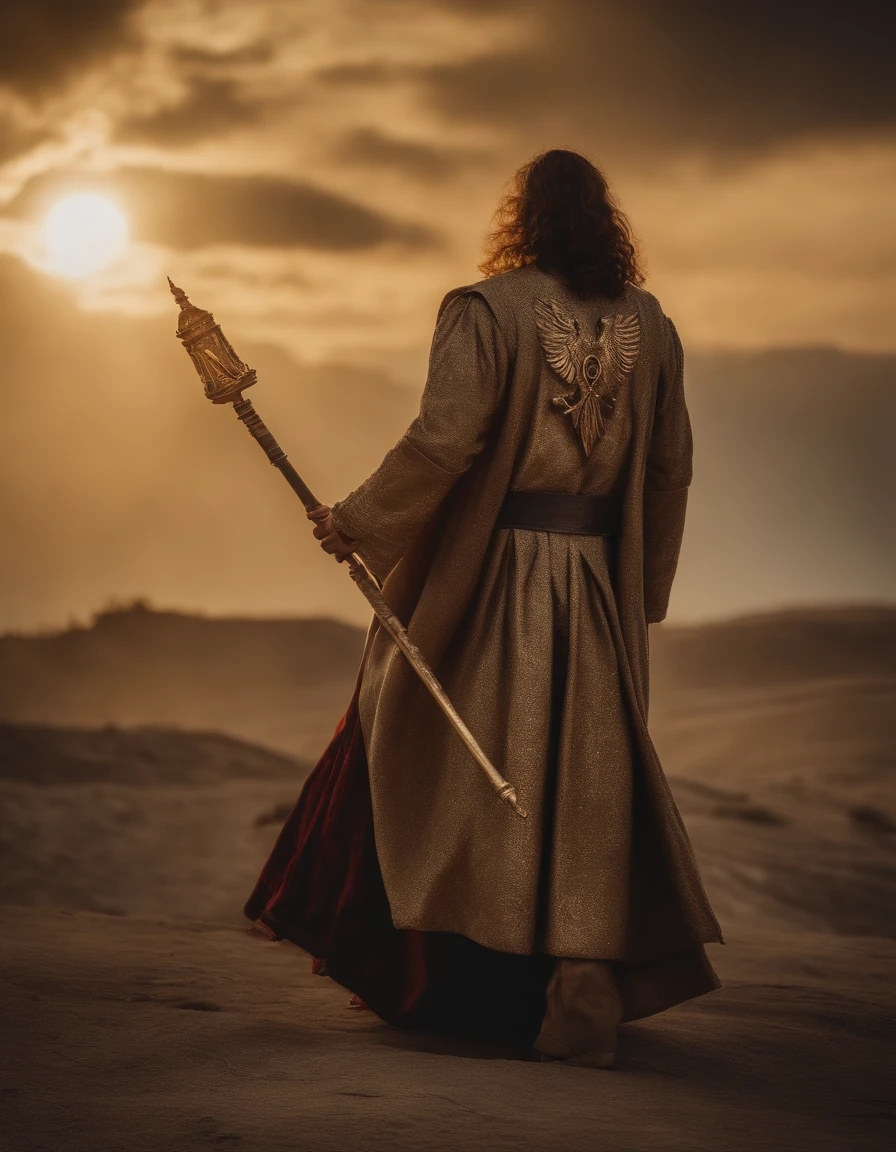 A photographic drawing capturing Jesus riding a horse with wings in the sky, with a wide view looking directly at the action. He's dressed in a blood-stained robe ((Golden crown on his head and an iron scepter in his right hand)). The focus of the image is on Jesus' action as he looks directly at me(His eyes are as red as fire and on his leg is tattooed a script ). The scene takes place in heaven with angels in the background. Lighting should be intense, enfatizando a alegria do momento, with rays of sunshine breaking through the clouds to create a sense of divine presence.