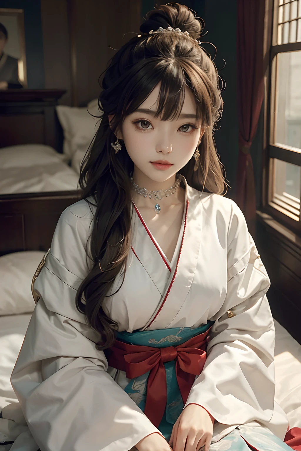 8K分辨率,Works of masters,超高分辨率,Exquisite facial features,s the perfect face,Girl,solo person,ssmile,long whitr hair,A brown-haired,Princess Roll,Bracelet,ear studs,eardrop,choker necklace,Bow hair ornament,feathers hair ornament,hair-bun,Hanfu,sitting sideways,窗帘,Beds,Cinematic lighting,Contour light