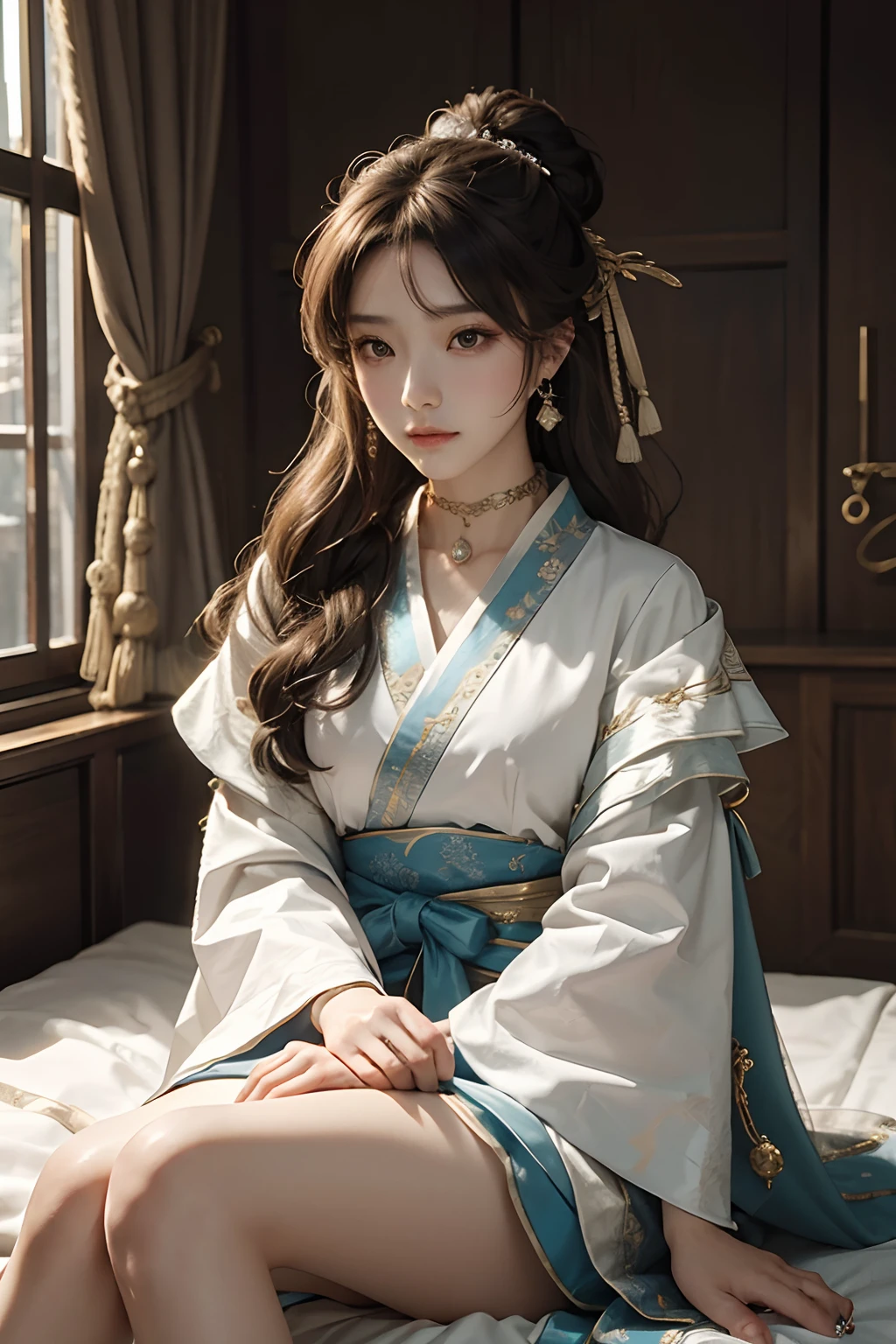 8K分辨率,Works of masters,超高分辨率,Exquisite facial features,s the perfect face,Girl,solo person,ssmile,long whitr hair,A brown-haired,Princess Roll,Bracelet,ear studs,eardrop,choker necklace,Bow hair ornament,feathers hair ornament,hair-bun,Hanfu,sitting sideways,窗帘,Beds,Cinematic lighting,Contour light