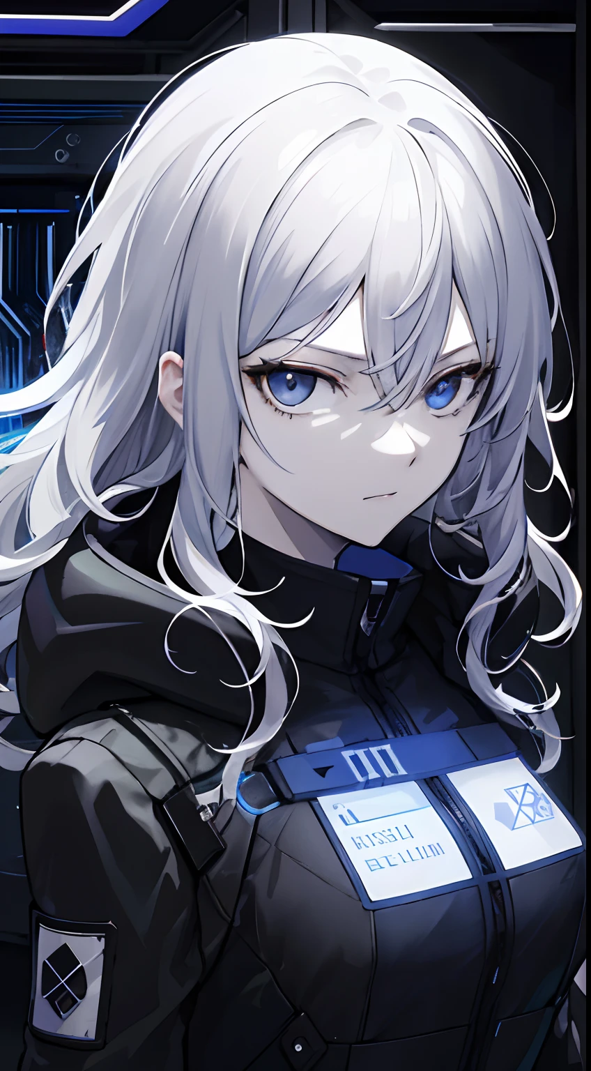 (absurdres, highres, ultra detailed), 1woman, mature female, aged up, wavy long hair, white hair, black eyes, bangs, long sleeves, finely detailed eyes and detailed face, extremely detailed CG unity 8k wallpaper, intricate details, portrait, looking at viewer, solo, (full body:0.6), detailed background, detailed face, (matrix theme:1.1) evil high-tech futuristic hacker, advanced technology, hoodie, techwear, wearable device, keycard, cables, head-up display, blue (holographic display:1.05), access granted, cybersecurity, server room in background, orange lights, dark sinister atmosphere, , portrait, wind swirling