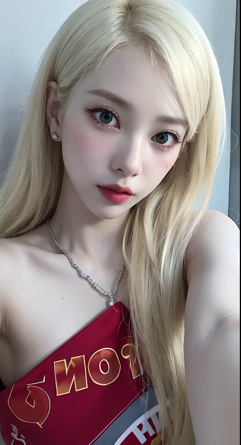 Menina loira com cabelo longo vestindo um top vermelho e um colar, Karina do Aespa, very very pale blond hair, com cabelos longos brancos, max quality, pale porcelain white skin, extremely pale blond hair