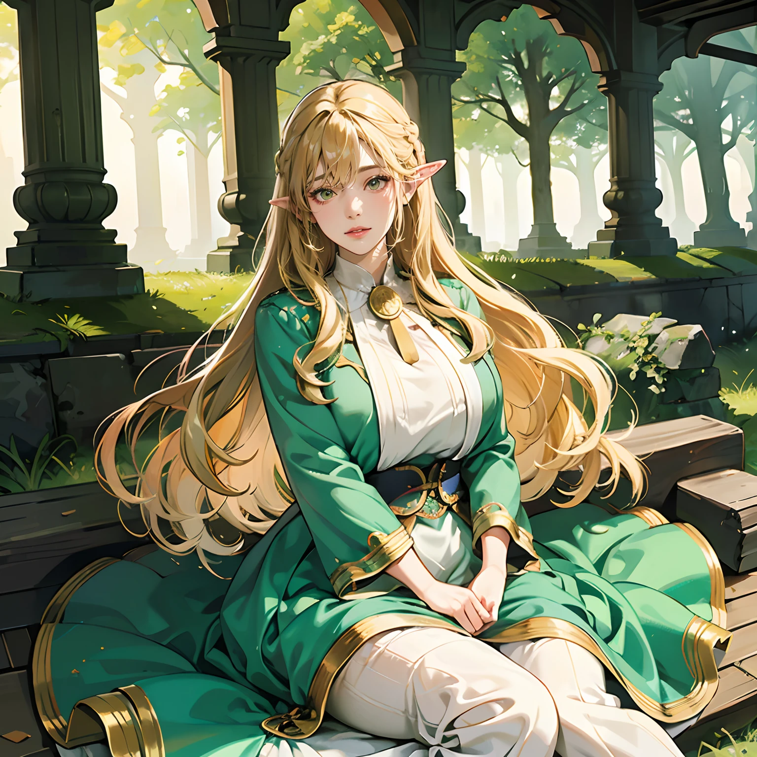 Women in Their 20s, offcial art, unity 8k wall paper, ultra-detailliert, beautifly、Aesthetic, ​masterpiece, top-quality, Photorealsitic, Female Elf、Dark green eyes、blondehair、Braids:2.0、Pointed ears、Dark green costume、Light green blouse、Gold Brooch、golden hair ornaments、Big magic wand:2.0、Big bag、depth of fields, Fantastic atmosphere, Calm palette, tranquil mood, Soft shading、Ruins in the forest、Ruins covered in vegetation、Crumbling stone statue、Green Tree々、Beautiful Landscapes、bbw、very large breast、plump figure、Shining Fairy