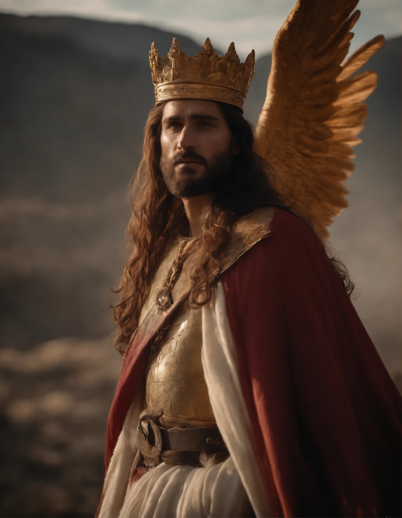 A photographic drawing capturing Jesus riding a horse with wings in the sky, with a wide view looking directly at the action. He's dressed in a blood-stained robe ((Golden crown on his head and an iron scepter in his right hand)). The focus of the image is on Jesus' action as he looks directly at me(Your eyes are red like fire). The scene takes place in heaven with angels in the background. Lighting should be intense, enfatizando a alegria do momento, with rays of sunshine breaking through the clouds to create a sense of divine presence.