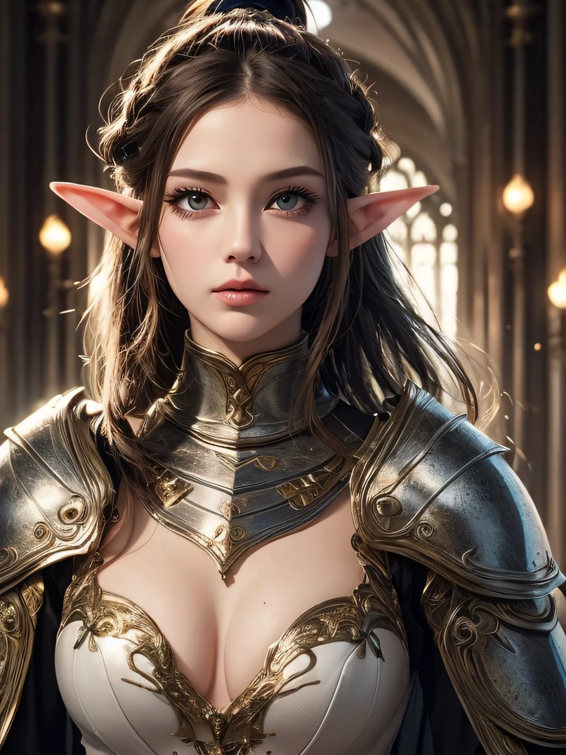 hightquality、hight resolution、​masterpiece、foco nítido、lighting like a movie、Photorealistic portrait of stunningly beautiful western woman、bustshot、Stunning portrait of a beautiful woman、detailed symmetric realistic face、Highly detailed natural textures、glistning skin、Slender figure、hyperdetailed face、ultra realistic textures、Elaborate patterns that blend dramatic lighting fantasy with contemporary fashion、Mystical realm filled with magical elements、vivd colour、Dynamic lighting、Detailed background elements、Deep sense of depth、Unique lighting effects、Complex configuration techniques、Camera angles that highlight the beauty of the character and the environment、 Atmospheric Lighting Technology、Depth and mood、Intricate detail and clarity、30 year old female elf、((a blond、Hairstyle Ponytail))、Seductive blue eyes with bright colors and delicate shading、Sharp eyes、frown、Perfect physique、Beautiful facial features、Black cloak of flowing fabric、Knight's Black Armor、Textured Design、full armor、Church auditorium at dusk、Highly detailed facial depiction、Detailed hand depiction、Detailed chest depiction、battle posture、Dynamic action