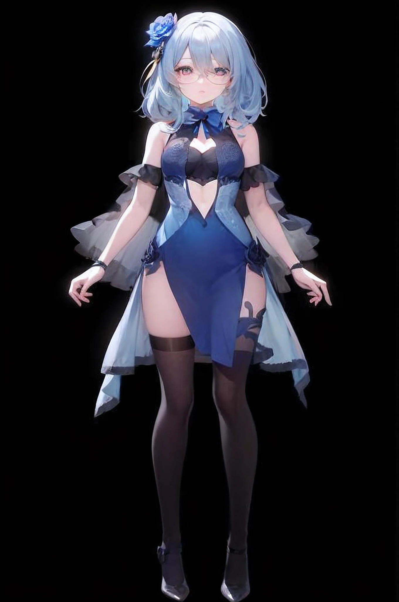A woman in a blue dress and black stockings standing in front of a black background, full-body xianxia, cute anime waifu in a nice dress, beautiful full-body concept art, anime woman fullbody art, from girls frontline, full body concept, lunar themed attire, official character art, anime full body illustration, Kushatt Krenz Key Art Women
