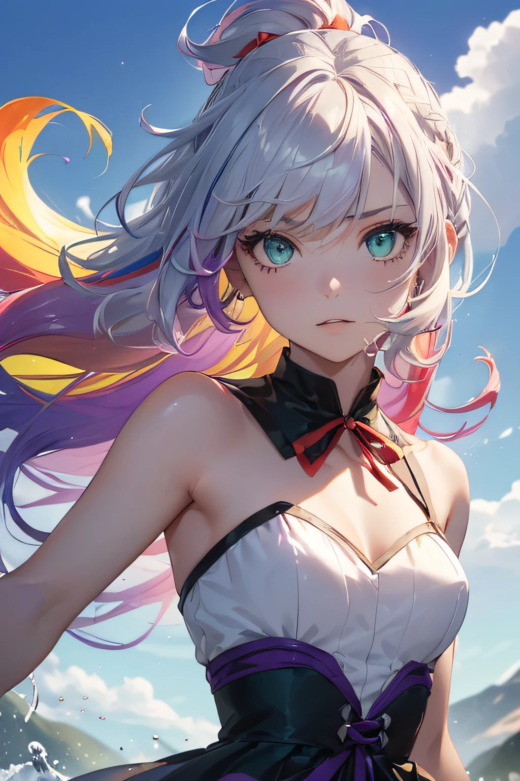 1.5),(1 girl),(dynamic pose),(multicolored hair+silver hair:1.3+red hair:1.2+purple hair+yellow hair:1.3+green hair:1.3),(blue eyes),(neck ribbon),(floating),(cloud),(too many drops of water),(twilight),(watercolor),(wide shot)