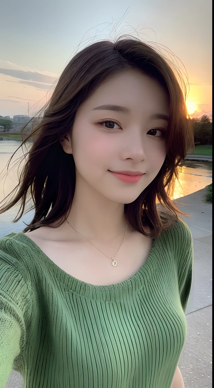 ((top-quality、8K、masterpiece:1.3))、foco nítido:1.2、(realisitic、Photorealsitic:1.37)、perfect beautiful female、Highly detailed facial and skin texture、A detailed eye、二重まぶた、Small Smile、Medium hair swaying in the wind、Small bust、Small necklace、Dark green knitwear、The upper part of the body、Sunset、nighttime scene、