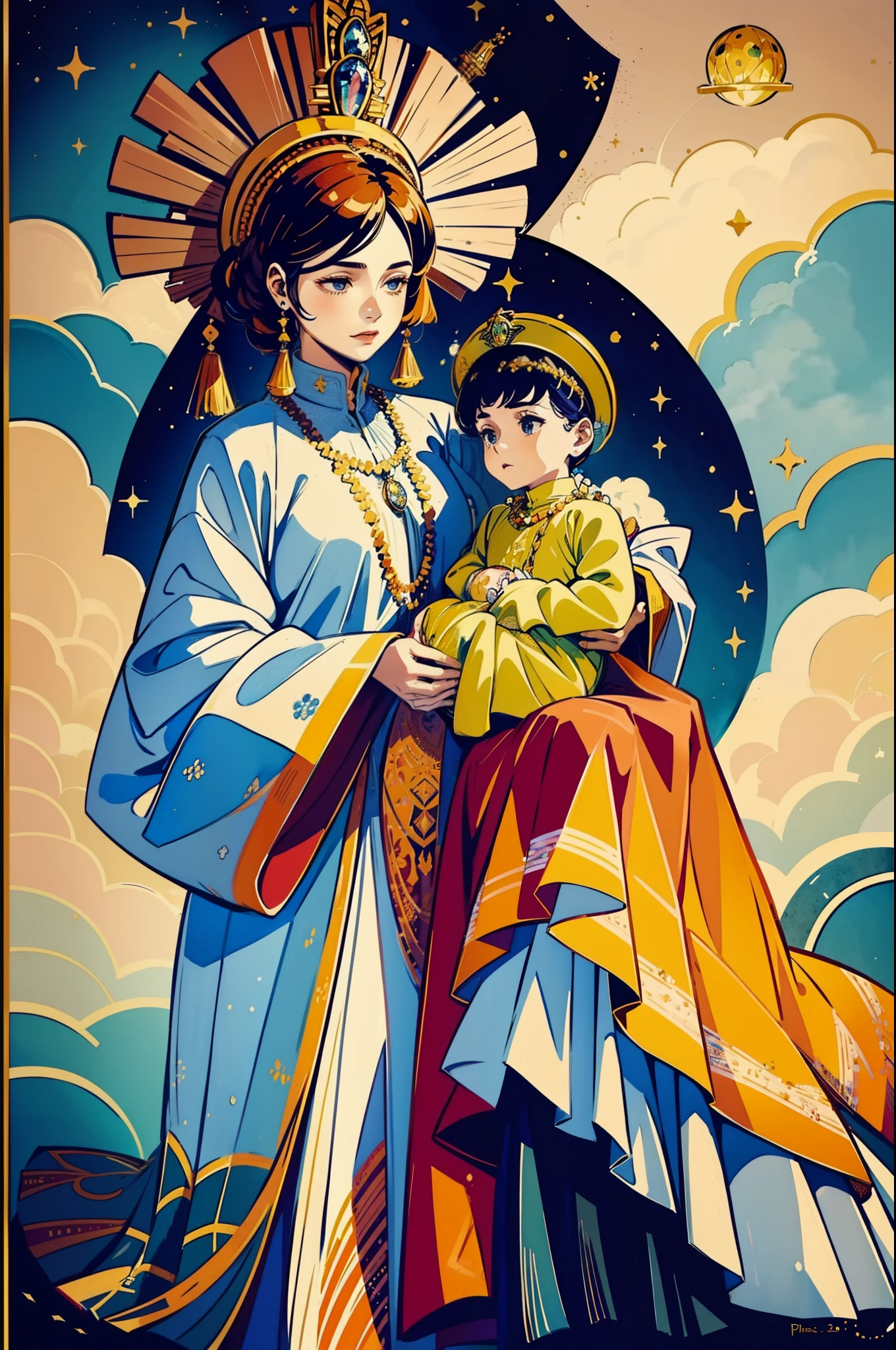 Water colour painting style, The beautiful -yeld qu holds a (baby prin.5) wearing shavings in her arms, Walking, Straight eyes, radiating a brilliant aura, Rosary handle, Crown Team, (Systemic: 2.0), Stand in the cloud, our lady, (full body: 2.0)