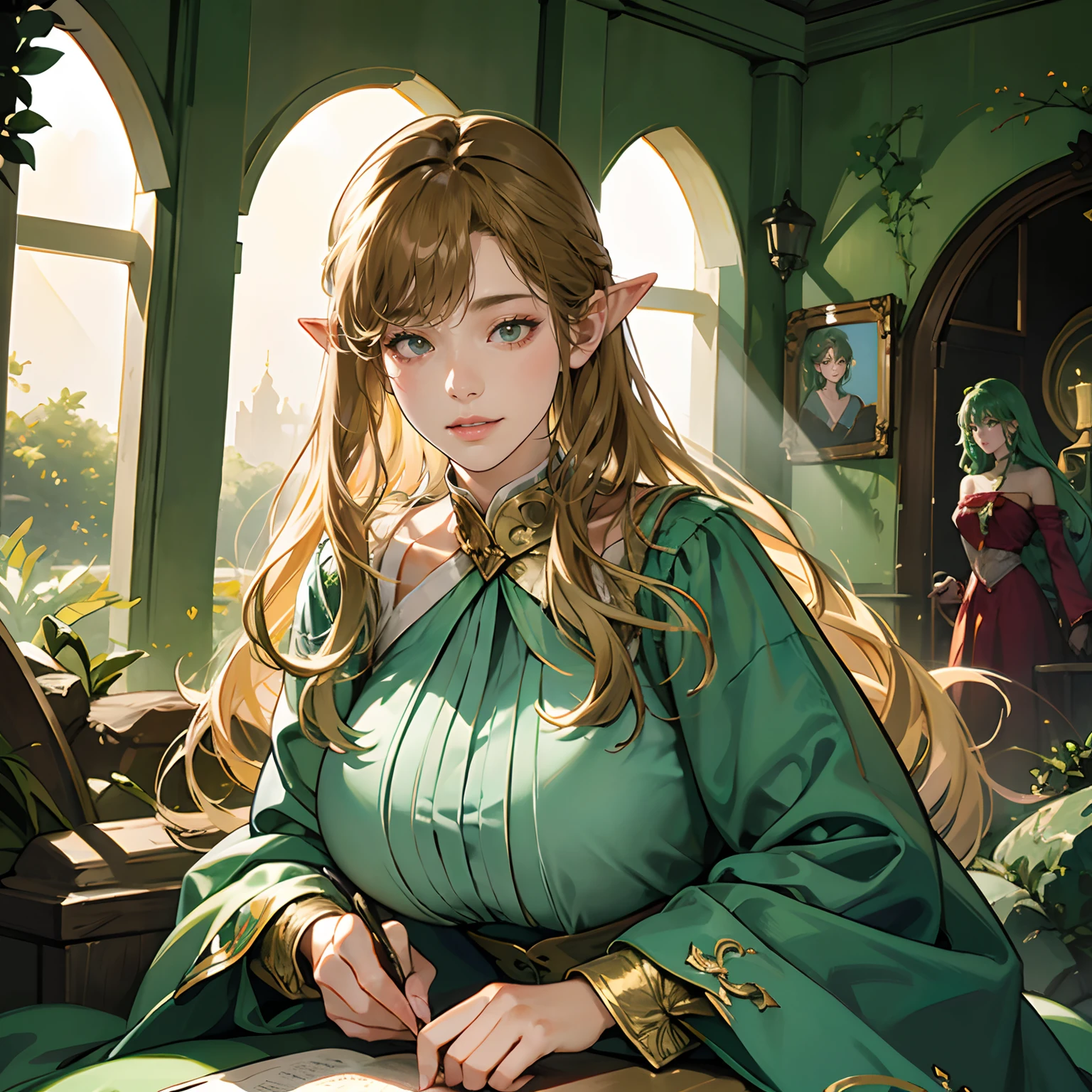 Women in Their 20s, offcial art, unity 8k wall paper, ultra-detailliert, beautifly、Aesthetic, ​masterpiece, top-quality, Photorealsitic, Female Elf、Dark green eyes、blondehair、Braids:2.0、Pointed ears、Dark green costume、Light green blouse、Gold Brooch、golden hair ornaments、Big magic wand:2.0、Big bag、depth of fields, Fantastic atmosphere, Calm palette, tranquil mood, Soft shading、Ruins in the forest、Ruins covered in vegetation、Crumbling stone statue、Green Tree々、Beautiful Landscapes、bbw、very large breast、plump figure、Shining Fairy