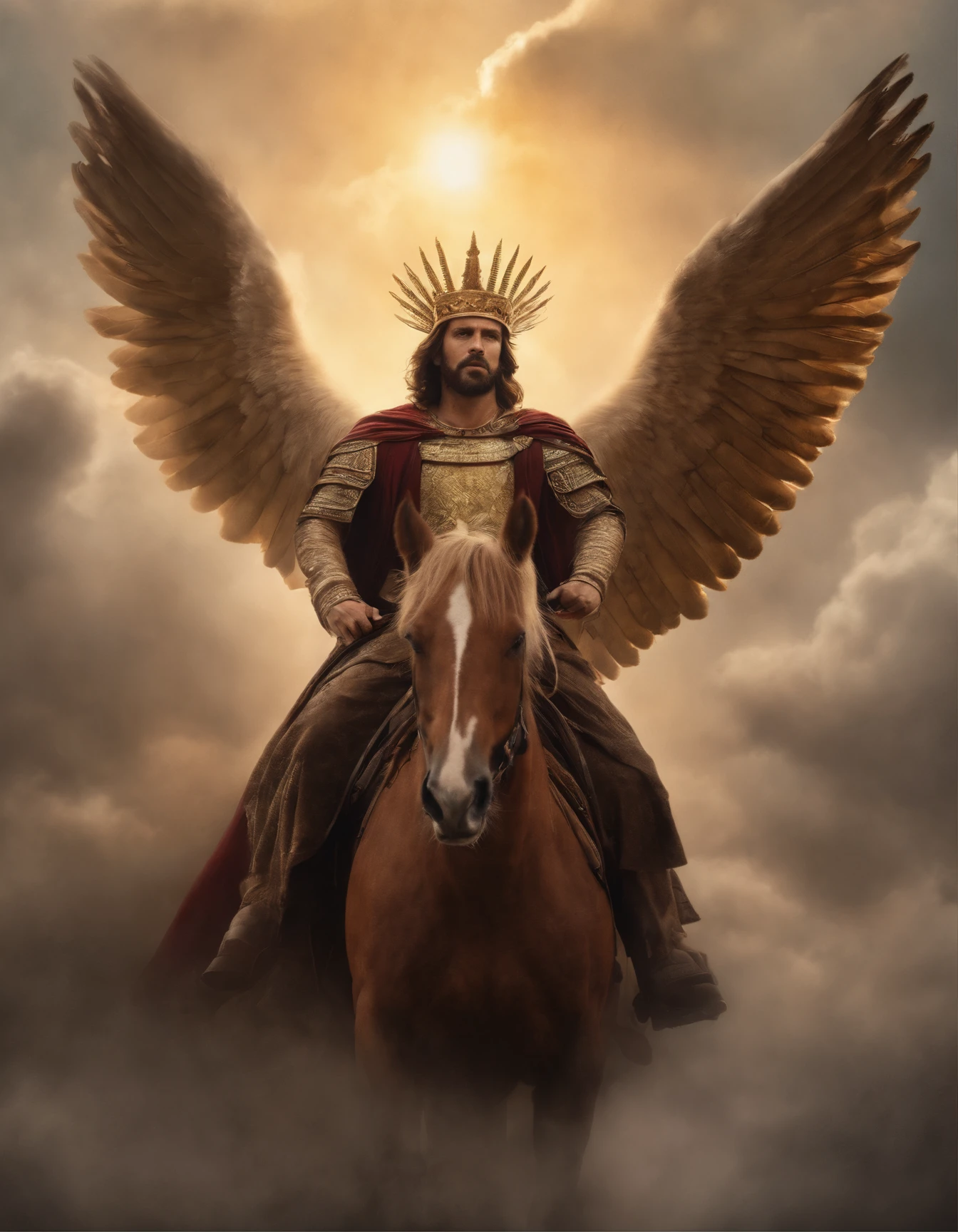 A photographic drawing capturing Jesus riding a horse with wings in the sky, with a wide view looking directly at the action. He's dressed in a blood-stained robe ((Golden crown on his head and an iron scepter in his right hand)). The focus of the image is on Jesus' action as he looks directly at me(Your eyes are red like fire). The scene takes place in heaven with angels in the background. Lighting should be intense, enfatizando a alegria do momento, with rays of sunshine breaking through the clouds to create a sense of divine presence.