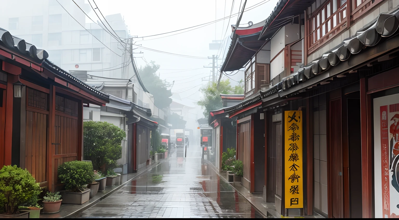 A chinses street while raining, statue of kistune