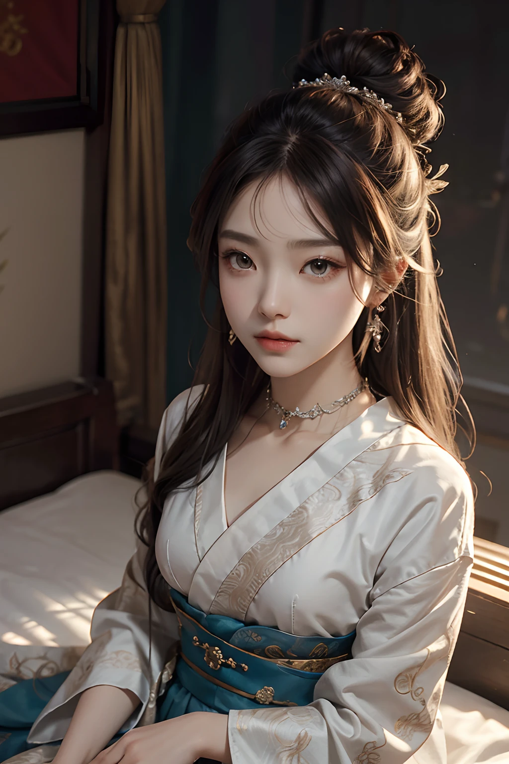 8K分辨率，Works of masters，超高分辨率，Exquisite facial features，s the perfect face，Girl，solo person，ssmile，long whitr hair，A brown-haired，Princess Roll，Bracelet，ear studs，eardrop，choker necklace，Bow hair ornament，feathers hair ornament，hair-bun，Hanfu，sitting  sideways，窗帘，Beds，Cinematic lighting，Contour light