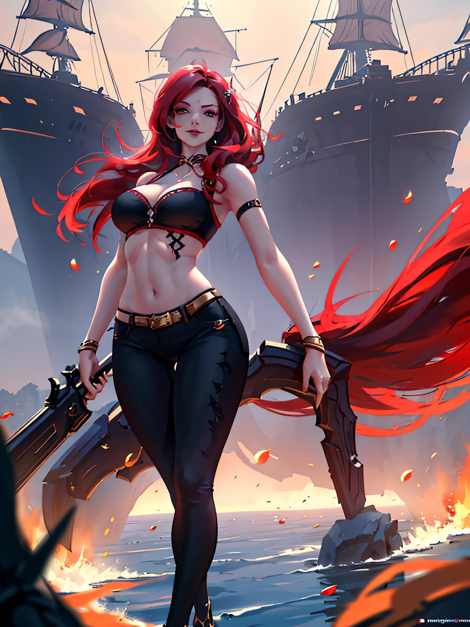 Miss Fortune, holding twin pistols, devilish smile, penetrating gaze, large and voluminous red lips, long blood-colored hair, short white shirt with black neckline and support, perfect breasts, sculptural fitness body, full body, black pants that follow the curves of her body, In the background pirate ships, murky waters, {extremely detailed 8k CG unit wallpaper}, expansive landscape photography, (a centralized view with focus on the character and setting), (wide view of open field ), (high angle shot), (high light: 1.6), (low light: 1.6), (warm light source: 1.8), complex details, (iridescent colors: 1.5), (bright lighting), (atmospheric lighting ), Dreamy, Epic, Sarah Fortune Miss Fortune