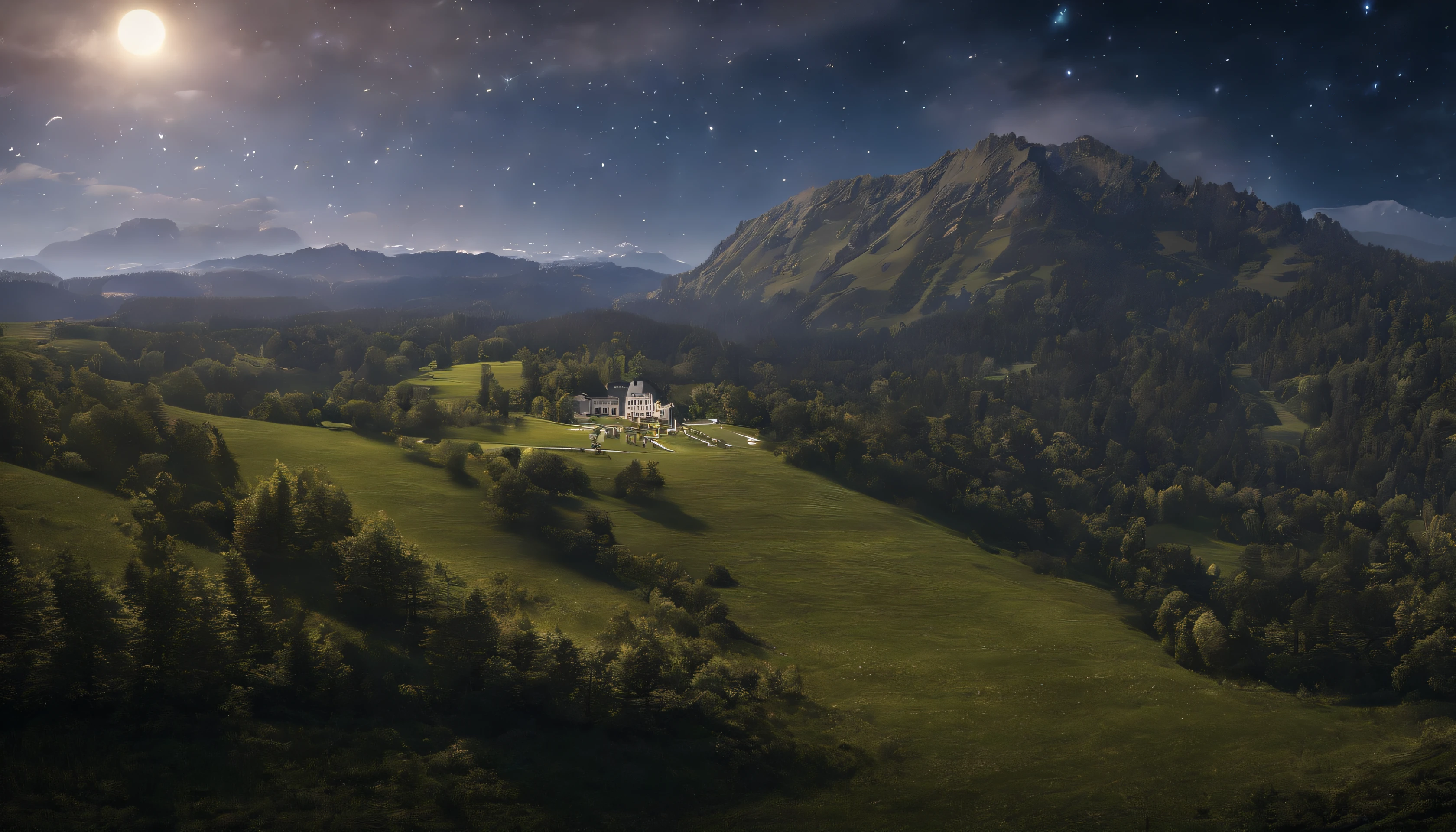((masterpiece, hyper realistic,32k,extremely detailed CG unity 8k, best quality, realistic face, solo, canon50, photorealistic, concept art, intricate details, highly detailed, octane render, unreal engine, fantastic-art)) Landscape, (large meadow in forgeground:1.2), majestic mountains in the distance, many stars clearly in the sky, northern Light in the sky, ((night sky:2)), ((night:2)) Sally Mann, HDR, (masterpiece:1.3), at the steampunk world fair, house, analog, caves, (masterpiece:1.2), athletic face, sky, Vincent Callebaut, (low key), artstation, film grainy, representational, Depth of Field, (Antonio Moro), color, by Greg Rutkowski, ((meadow:1.5), ((majestic mountains:1.8))