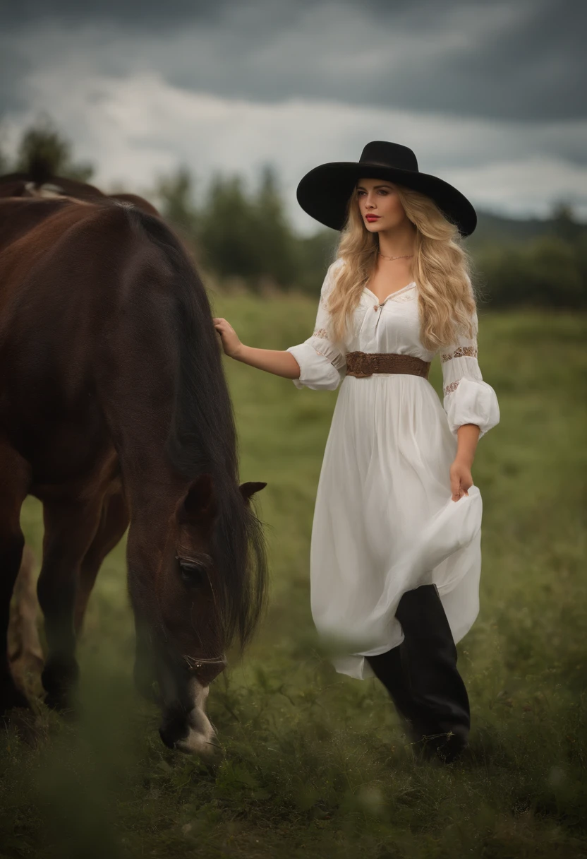 mujer blanca, 17-year-old, of German origin, rubia, de labios rojos, con mejillas ruborizadas, con hoyuelos, Full body photography, viendo al frente muy alegre y tierna, de origen europeo, with physical characteristics of Northern Europe, Dressed in a black robe, con un sombrero de bruja color negro, Photograph taken on a farm, realista, hiperrealista.