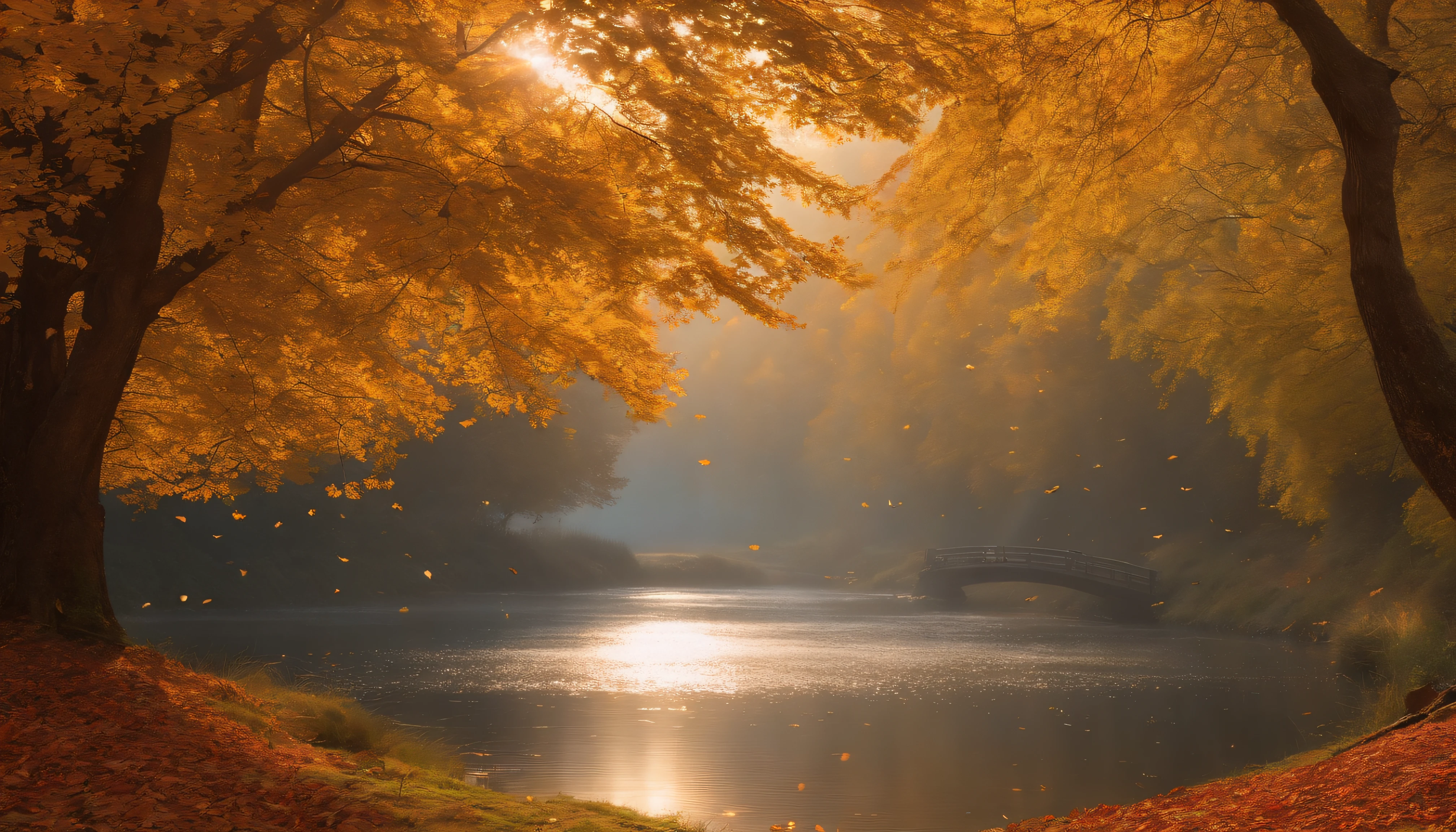 Color photo of Qiu Haikai, Depicting the world in shades of orange and yellow The trees burn with vibrant hues, The leaves dance like a twinkling flame in the sun Ginkgo trees are cloaked in gold, Each leaf sparkles like a precious gem in a kaleidoscope of fallen leaves, Intertwined in a red tapestry, Yellow, and brown tranquil lakeside, The rippling water reflects the color of the sky and the mist-shrouded mountains in the distance, Like an ethereal ink painting of golden reeds at the water's edge, Harmony with the sparkling lake, Stars twinkle in the night sky, Like nature's delicate pearls, Breeze in the wind,Autumn love, Hint at the upcoming campfire cool, Soothing insect chorus accompanied by the poetic beauty of late autumn, spellbinding,Inspiring photos that capture the charm of nature, Evokes inner peace and serenity,high-level image quality,(8K, hentail realism, RAW photogr, top-quality: 1.4), Ultra-wide angle of view,Beautiful view of autumn,rivulets,The background is mountains,Ginkgo tree,golden autumn,Daytime,Sheer sunlight,Colored leaves,high qulity,super-fine,Hyper-realistic,Ultra photo realsisim,Realistic landscape,35mm camera lens,Ultra-verbose — C 10 — AR 2:3