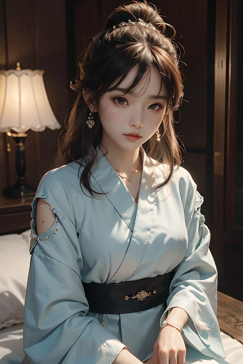 8K分辨率，Works of masters，超高分辨率，Exquisite facial features，s the perfect face，Girl，solo person，ssmile，long whitr hair，A brown-haired，Princess Roll，Bracelet，ear studs，eardrop，choker necklace，Bow hair ornament，feathers hair ornament，hair-bun，Hanfu，sitting  sideways，窗帘，Beds，Cinematic lighting，Contour light