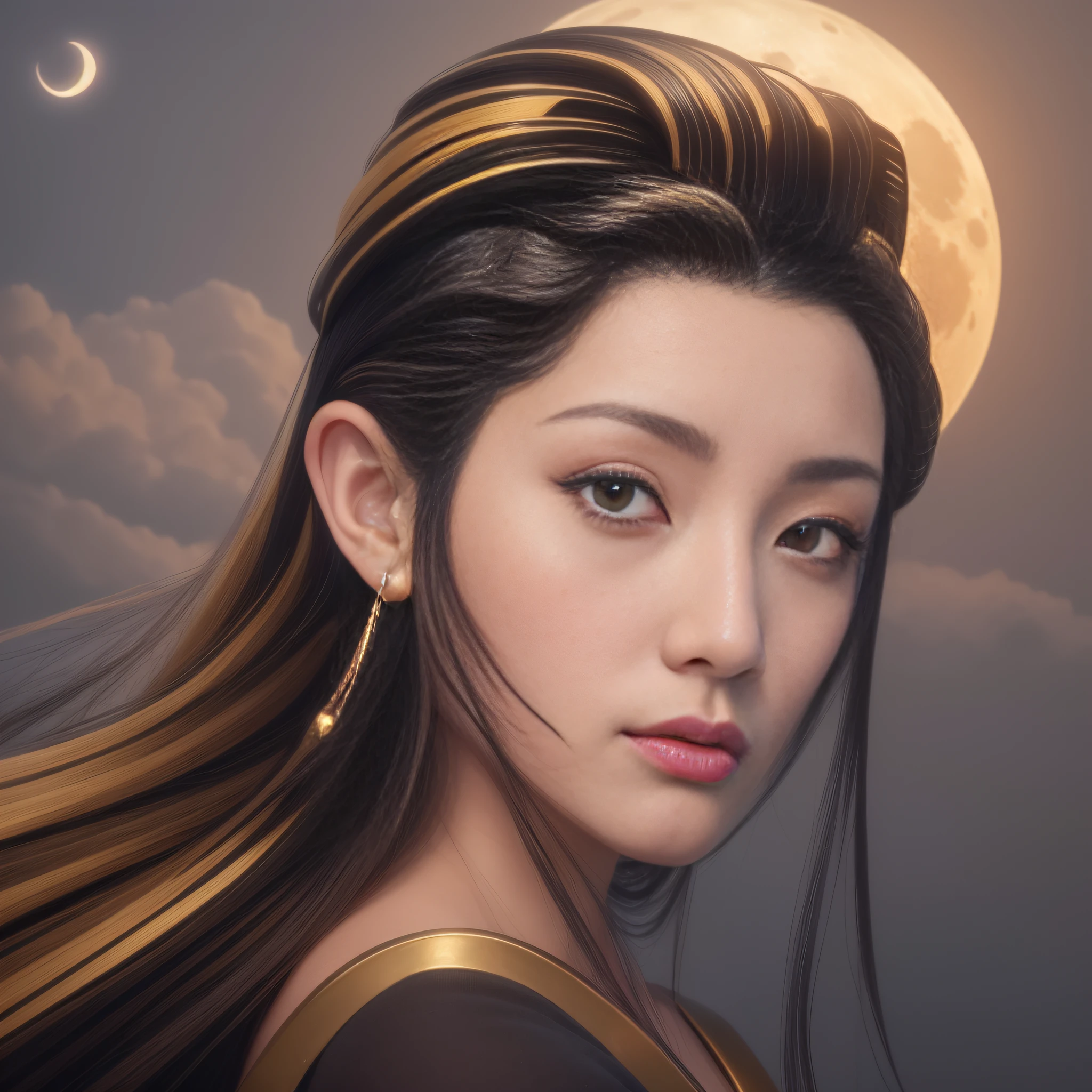 illustration of a woman with long hair, and a full moon in the background, in style of digital illustration, a beautiful artwork illustration, portrait of anime woman, detailed face of a asian girl, portrait of mulan, portrait of a beautiful geisha, exquisite digital illustration, highly detailed vector art, portrait of geisha, stunning digital illustration, digital art of an elegant.