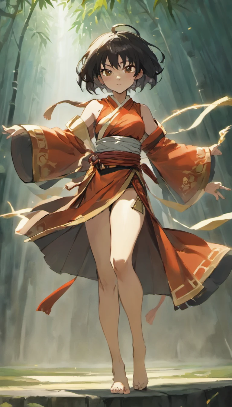 The expression is a smile. Produce a Hispanic black hair female martial artist costume designed in shades of white and black. Give this image a dynamic feeling of fire and wind. Next, add a combat outfit (raw legs or tights) designed to accentuate the lines of the body (mini-skirt or spats) and give it a special touch with metal accents and belts. Further, combine accessories with gold or silver armbands, a cape without a brim, and matching rings or earrings. Finally, emphasize the martial artist's strength and charm with sharp eyeliner and a deep red lip. Dynamic poses: adopt poses that show the energy and movement of a martial artist, such as fists thrust forward or raising one leg to replicate the action of a kick. Location: an ancient stone dojo with a thick mist in the air. It is surrounded by old stone statues and bamboo forests, with a cascading waterfall in the background. The place has a mystical and historical atmosphere that complements the martial artist's costume and dynamism.